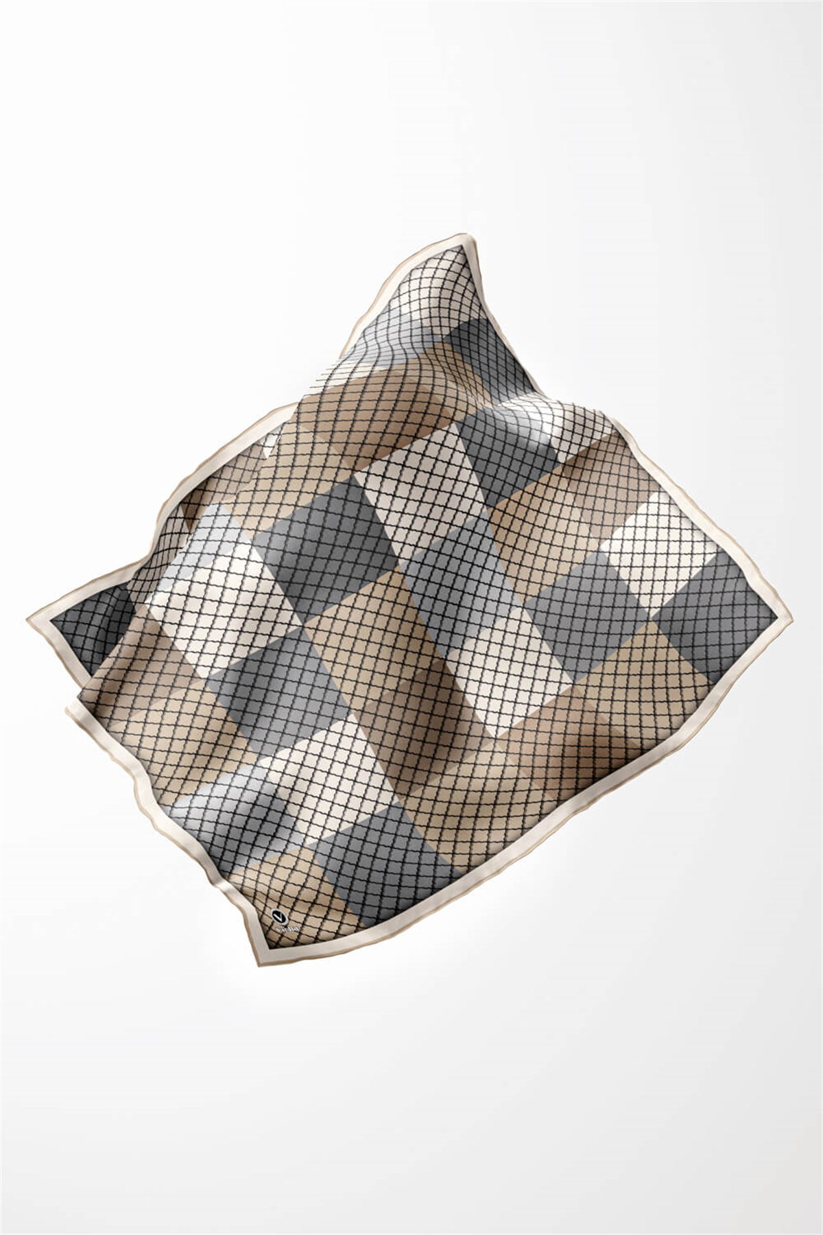 Twill Kare Desenli Bej Renkli 90x90 Eşarp (İpek İçermez) Kenar Dikiş Şekli El Dikişli