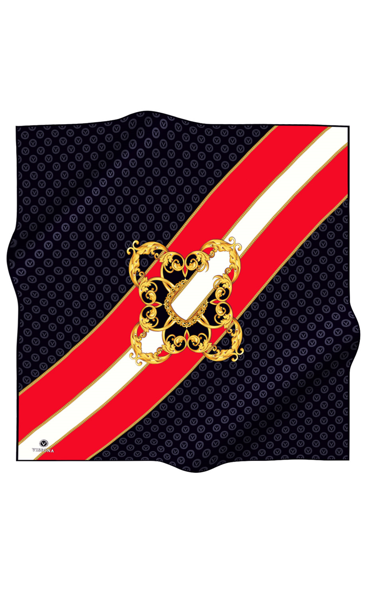 %100 Twill İpek Monogram Ve Barok Desenli Siyah - Kırmızı Renkli 90x90 Eşarp Dikim Şekli : El Dikişi
