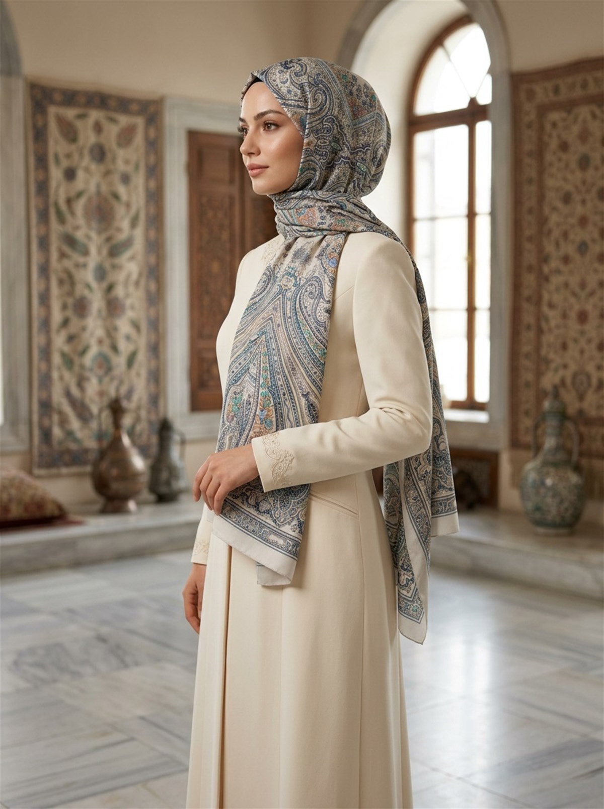%100 İpek Etro Desenli Gri Renkli 92x210 Şal