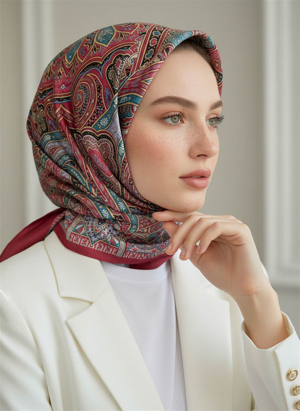 %100 Saf İpek Şal İnce Saten Vual Dokuma Etnik Desenli Bordo Renkli 90x210 Şal