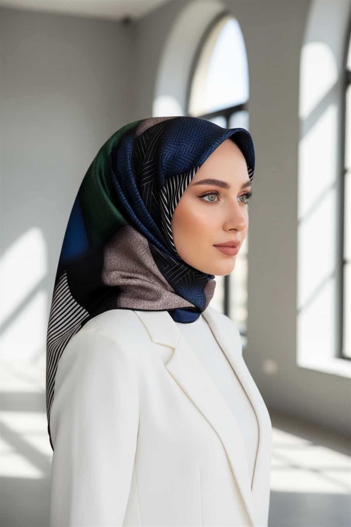 %100 Twill İpek Dokulu ve Geometrik Desenli Lacivert - Zümrüt Yeşili Renkli 90x90 Eşarp Dikim Şekli : El Dikişi