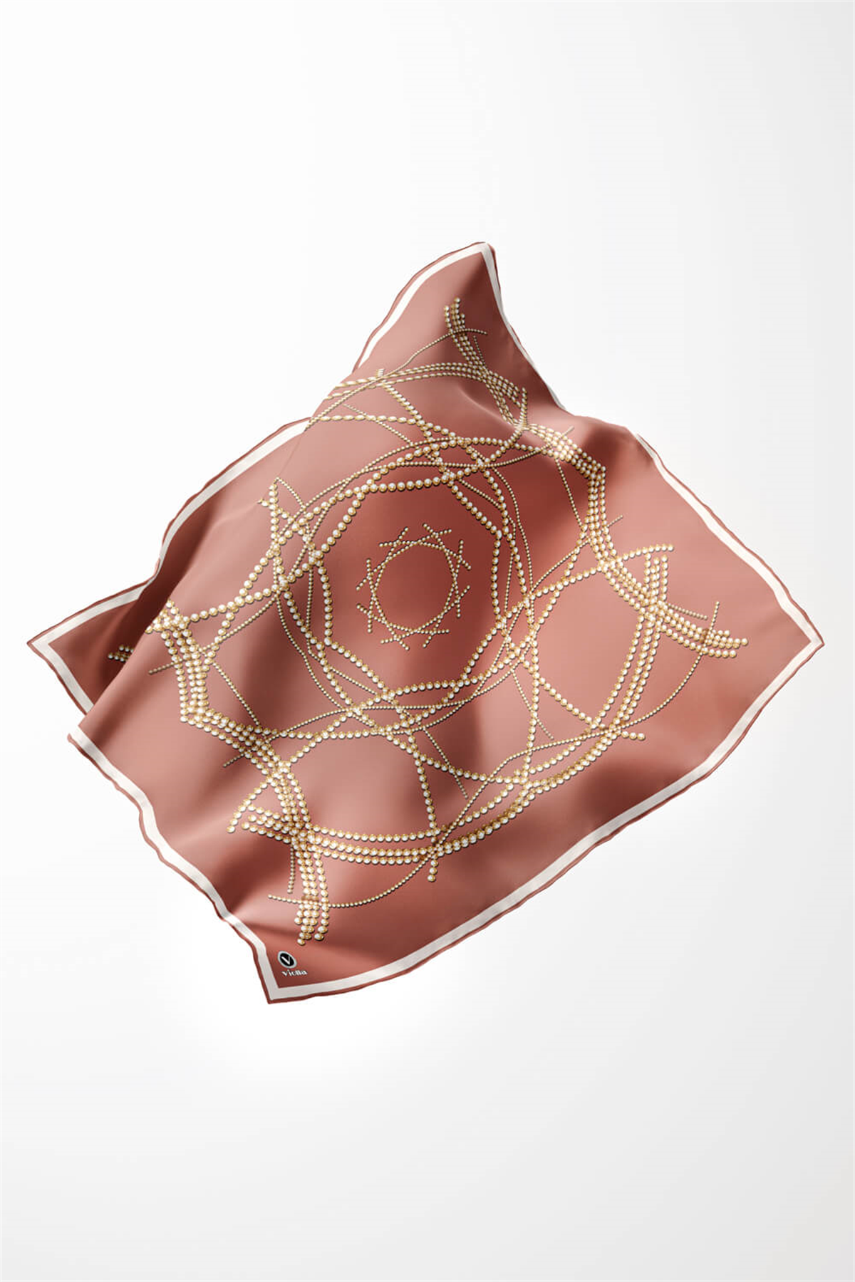 Twill Boncuk Desenli Somon Renkli 90x90 Eşarp (İpek İçermez) Kenar Dikiş Şekli El Dikişli