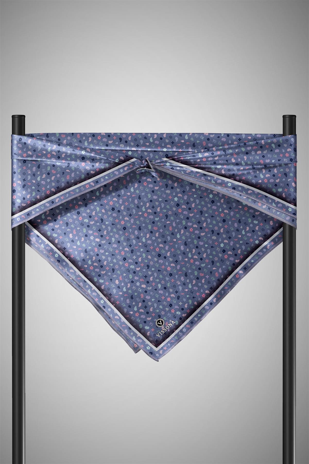 %100 Twill İpek Çıtır Desenli İndigo Renkli 90x90 Eşarp Dikim Şekli : El Dikişi