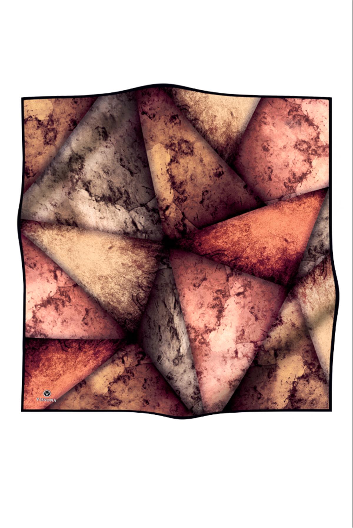 %100 Twill İpek Dokulu Ve Geometrik Desenli Taba - Hardal Renkli 90x90 Eşarp Dikim Şekli : El Dikişi