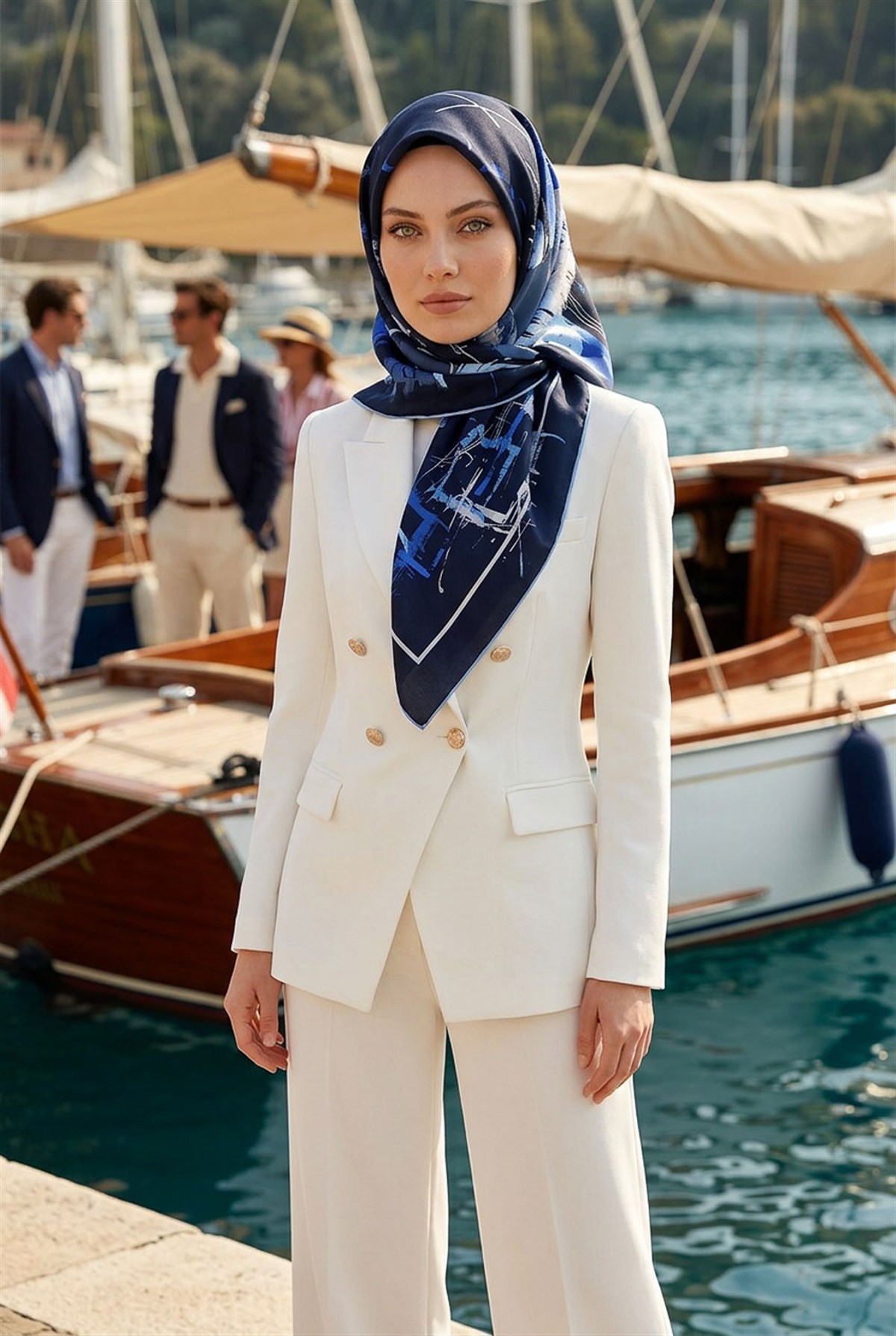 % 57 İPEK % 43 VİSKON Twill İpek Geometrik Desenli Lacivert - Bebe Mavisi Renkli 90x90 Eşarp Dikim Şekli : El Dikişi