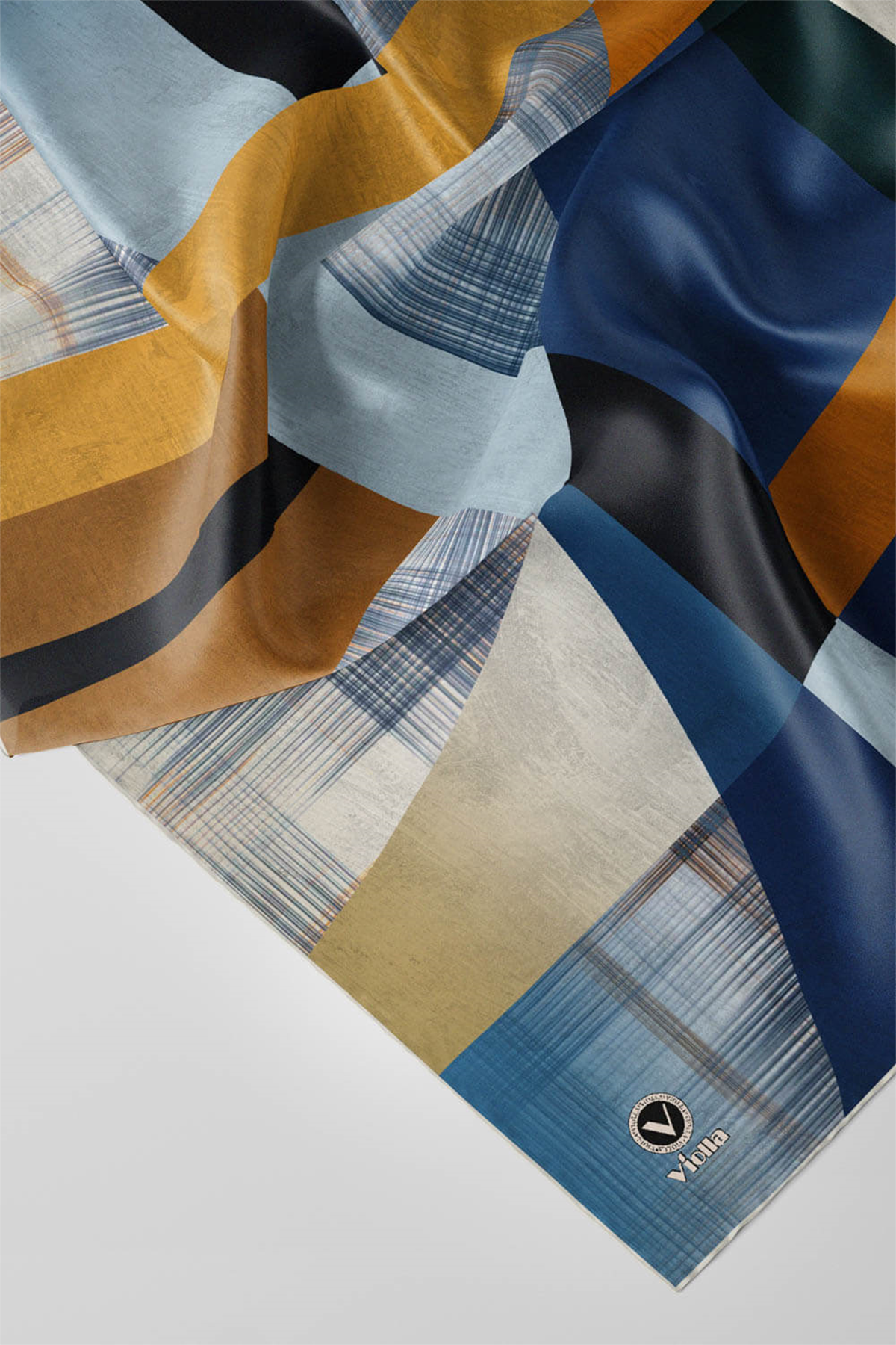 Twill Geometrik Desenli İndigo Renkli 90x90 Eşarp (İpek İçermez) Kenar Dikiş Şekli El Dikişli