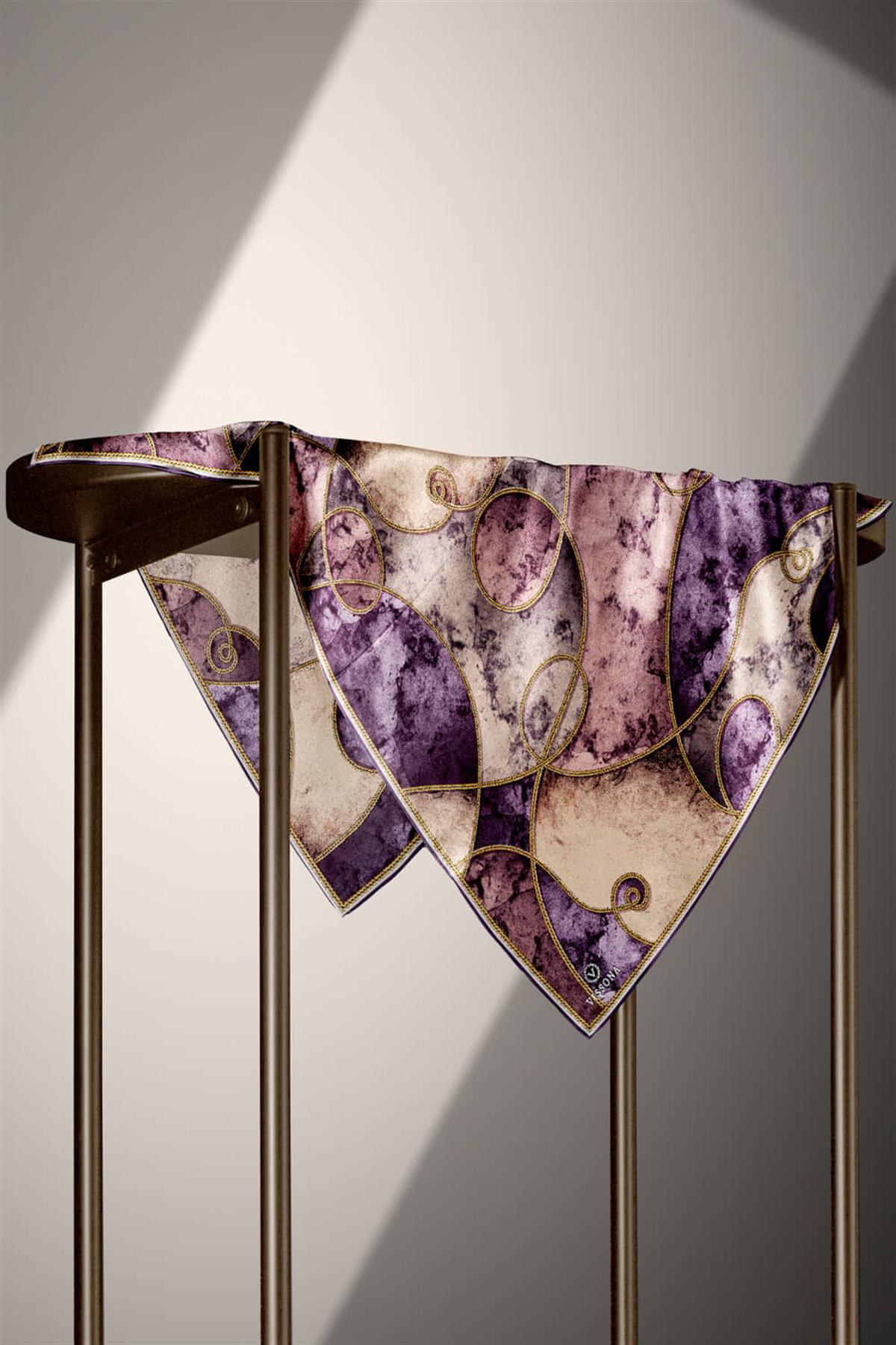 %100 Twill İpek Zincirli Mermer Desenli Mor - Pudra Renkli 90x90 Eşarp Dikim Şekli : El Dikişi