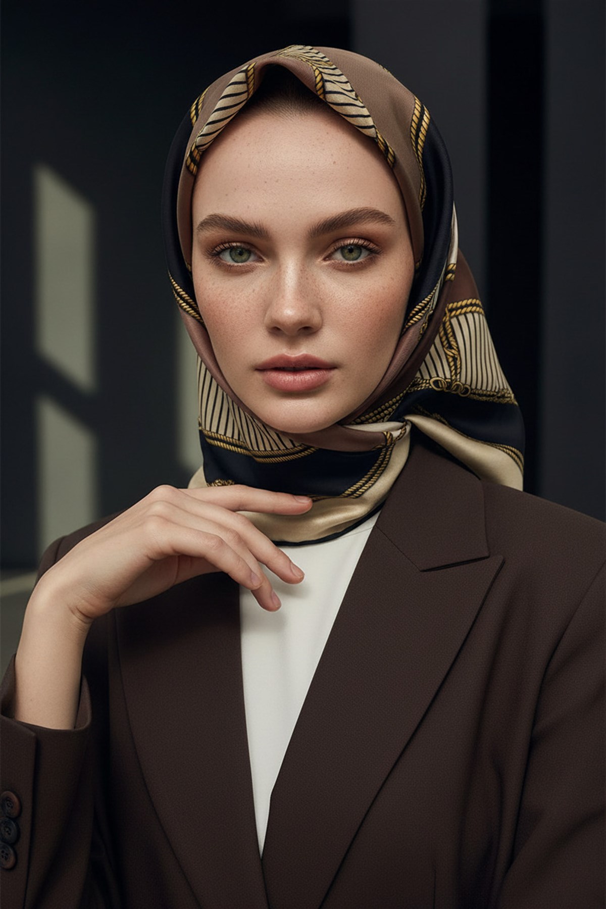 %100 Twill İpek Zincir Detaylı Geometrik Desenli Bej - Vizon Renkli 90x90 Eşarp Dikim Şekli : El Dikişi