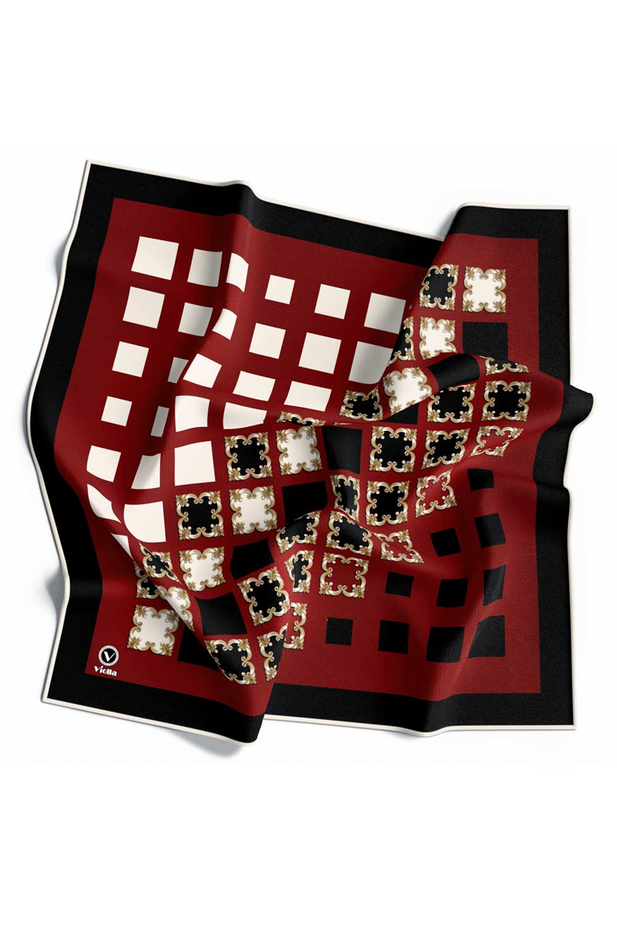 Twill Gold Detaylı Kare Desenli Bordo - Siyah Renkli 90x90 Eşarp (İpek İçermez) Kenar Dikiş Şekli El Dikişli