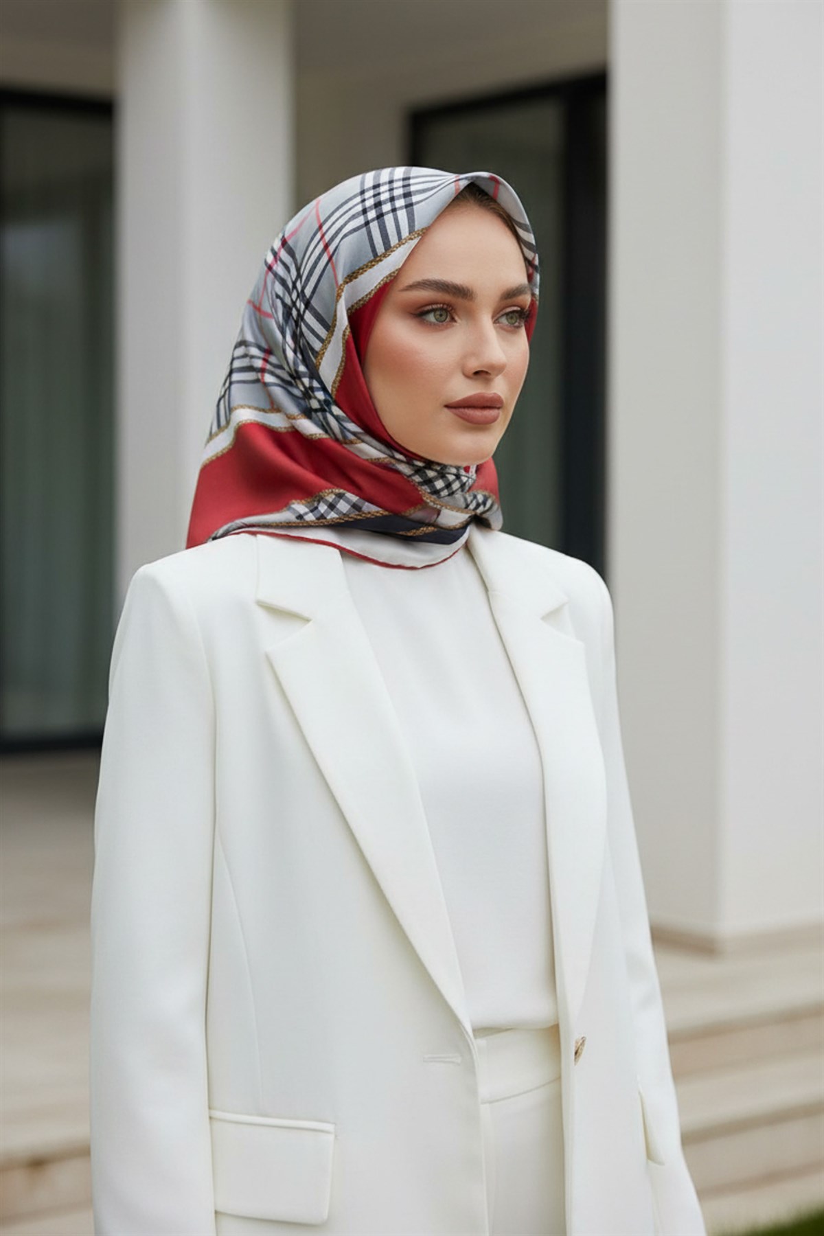 % 57 İPEK % 43 VİSKON Twill İpek Ekose Desenli Bordo Renkli 90x90 Eşarp Dikim Şekli : El Dikişi