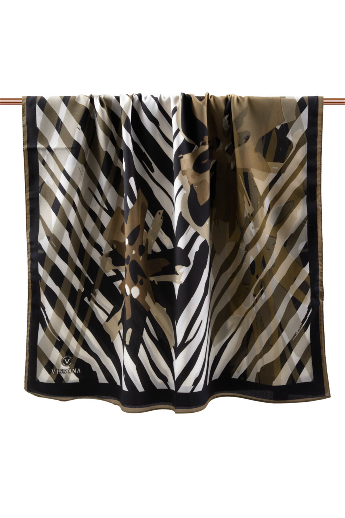 LÜKS MEDİNE İPEĞİ ZEBRA VE ÇİÇEK DESENLİ BEJ RENKLİ 75X195 KIRIŞMAZ ŞAL MOSS KREP DİKİŞ TİPİ İTALYAN DİKİŞLİ