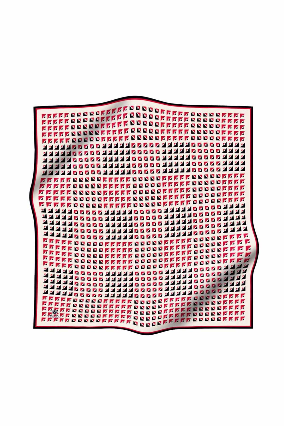 %100 Twill İpek Geometrik Desenli Kırmızı - Siyah Renkli 90x90 Eşarp Dikim Şekli : El Dikişi