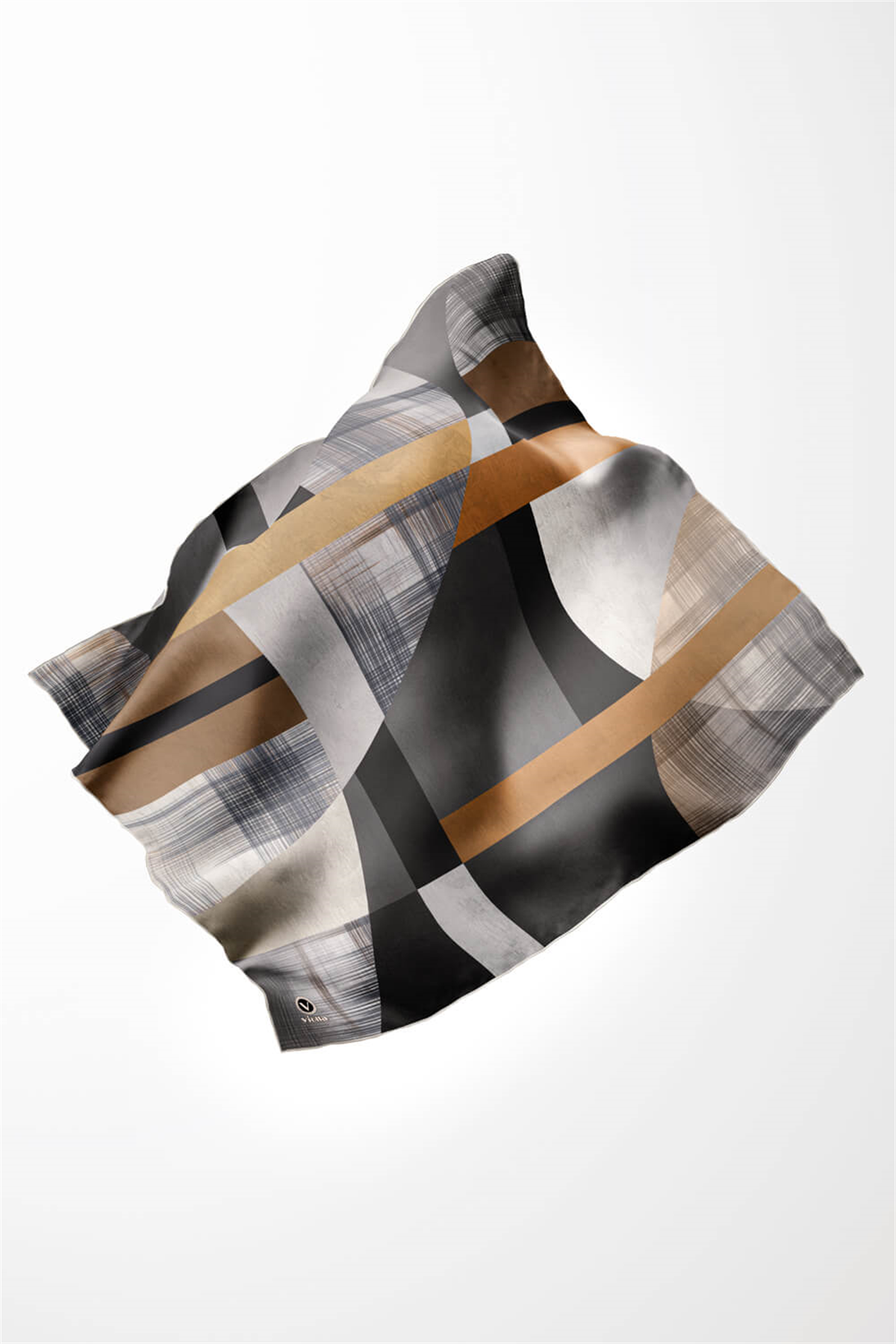 Twill Geometrik Desenli Gri Renkli 90x90 Eşarp (İpek İçermez) Kenar Dikiş Şekli El Dikişli