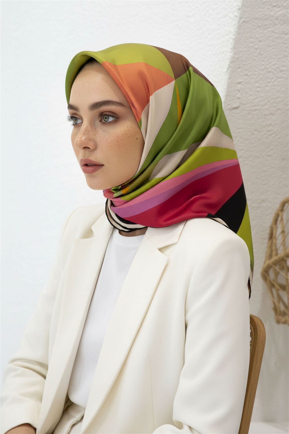 %100 Twill İpek Geometrik Desenli Fıstık Yeşili Renkli 90x90 Eşarp Dikim Şekli : El Dikişi