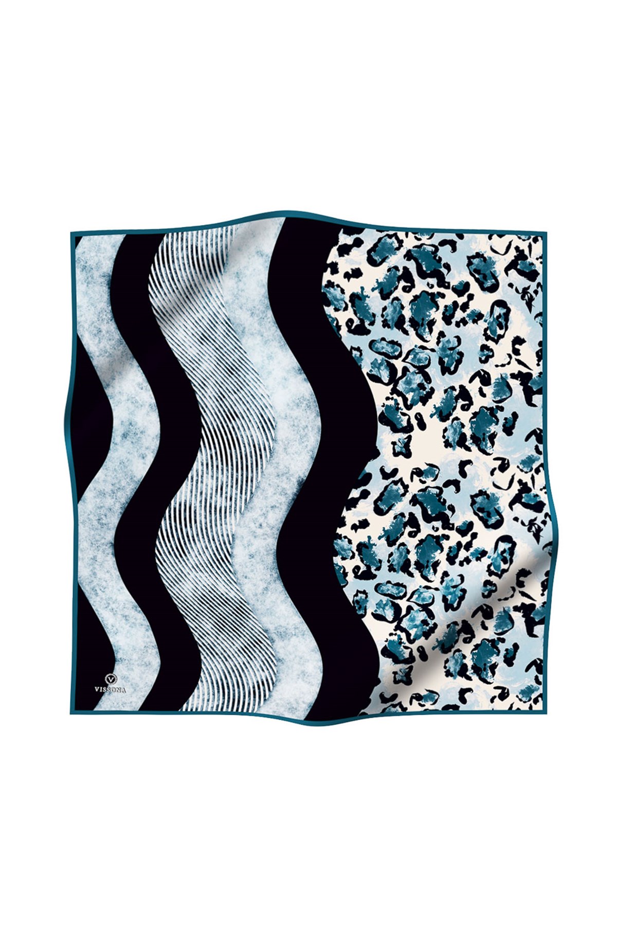 %100 Twill İpek Leopar Ve Geometrik Desenli Petrol Mavisi Renkli 90x90 Eşarp Dikim Şekli : El Dikişi