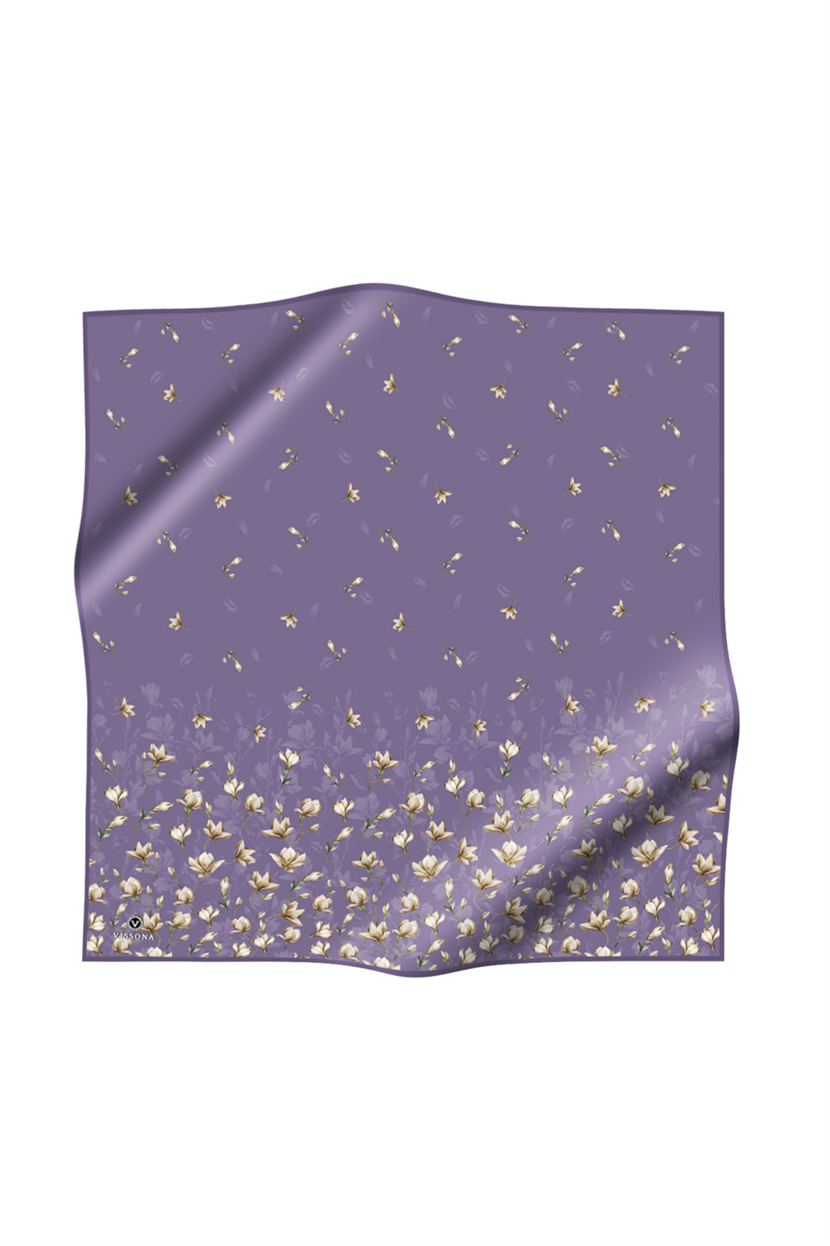 % 57 İPEK % 43 VİSKON Twill İpek Çiçek Desenli Lila Renkli 90x90 Eşarp Dikim Şekli : El Dikişi