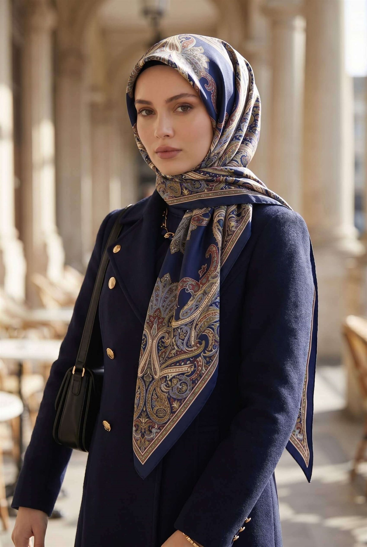 %100 Twill İpek Şal Desenli Lacivert Renkli 90x90 Eşarp Dikim Şekli : El Dikişi