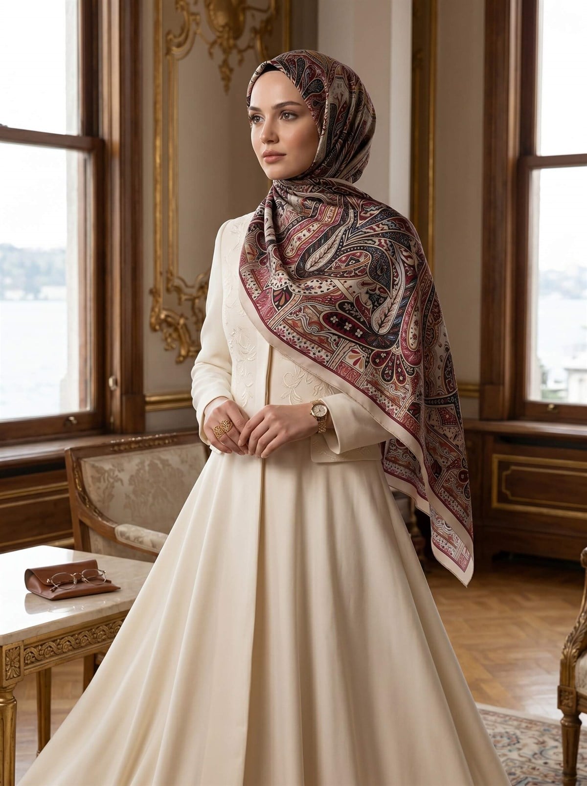%100 Saf İpek Şal İnce Saten Vual Dokuma Etro Desenli Taş - Bordo Renkli 90x210 Şal