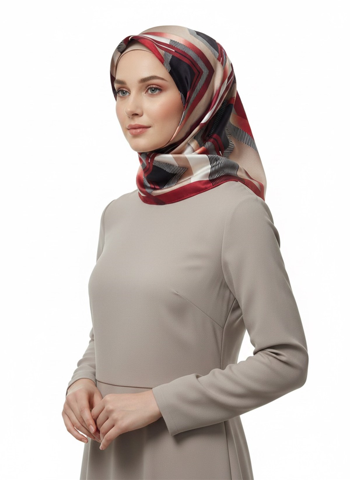 %100 Twill İpek Zebra Desenli Bej - Bordo Renkli 90x90 Eşarp Dikim Şekli : El Dikişi