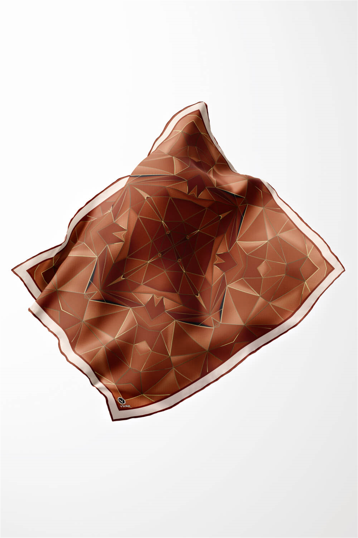Twill Geometrik Desenli Taba Renkli 90x90 Eşarp (İpek İçermez) Kenar Dikiş Şekli El Dikişli