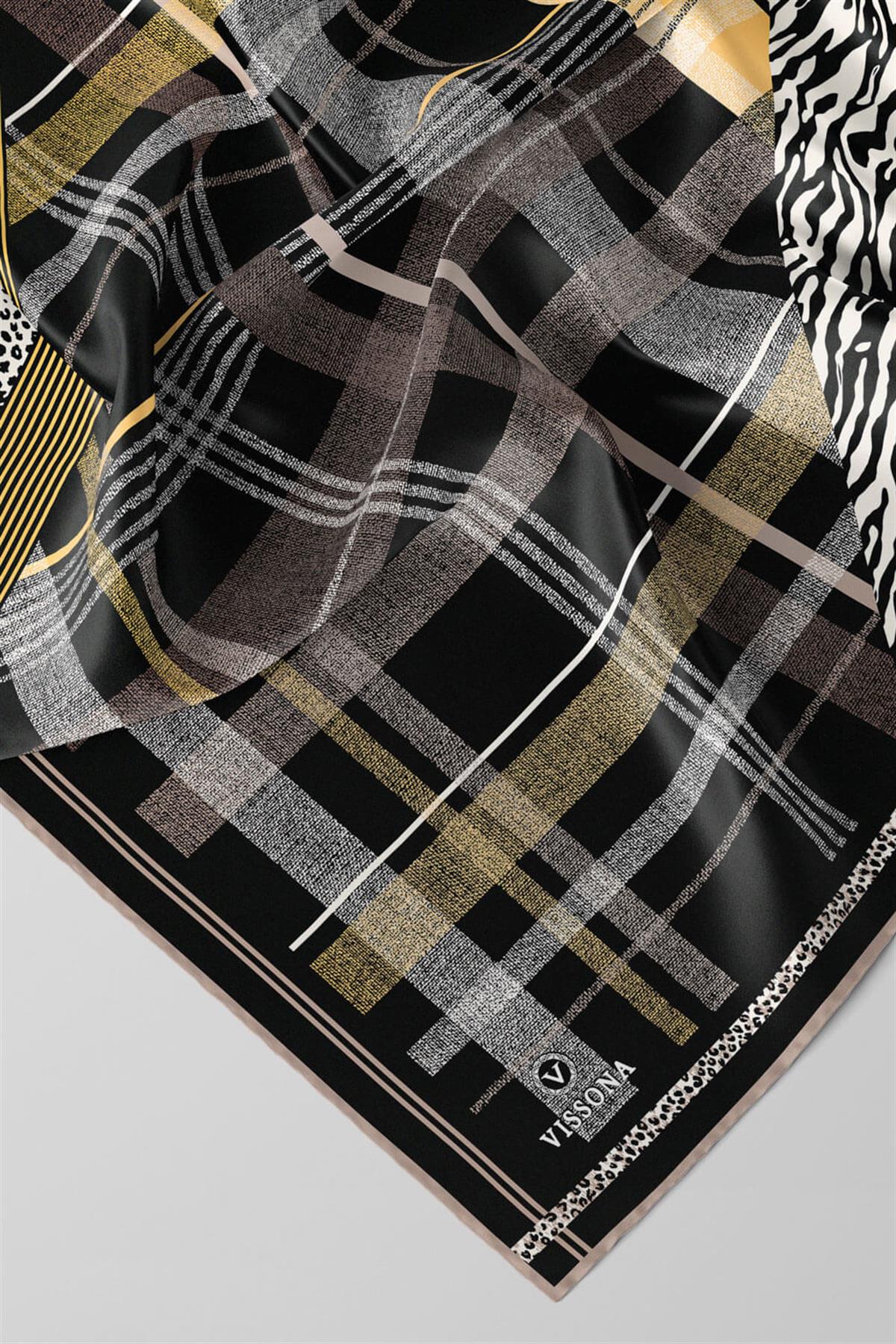 %100 Twill İpek Ekoseli Ve Leopar Desenli Siyah - Gold Renkli 90x90 Eşarp Dikim Şekli : El Dikişi