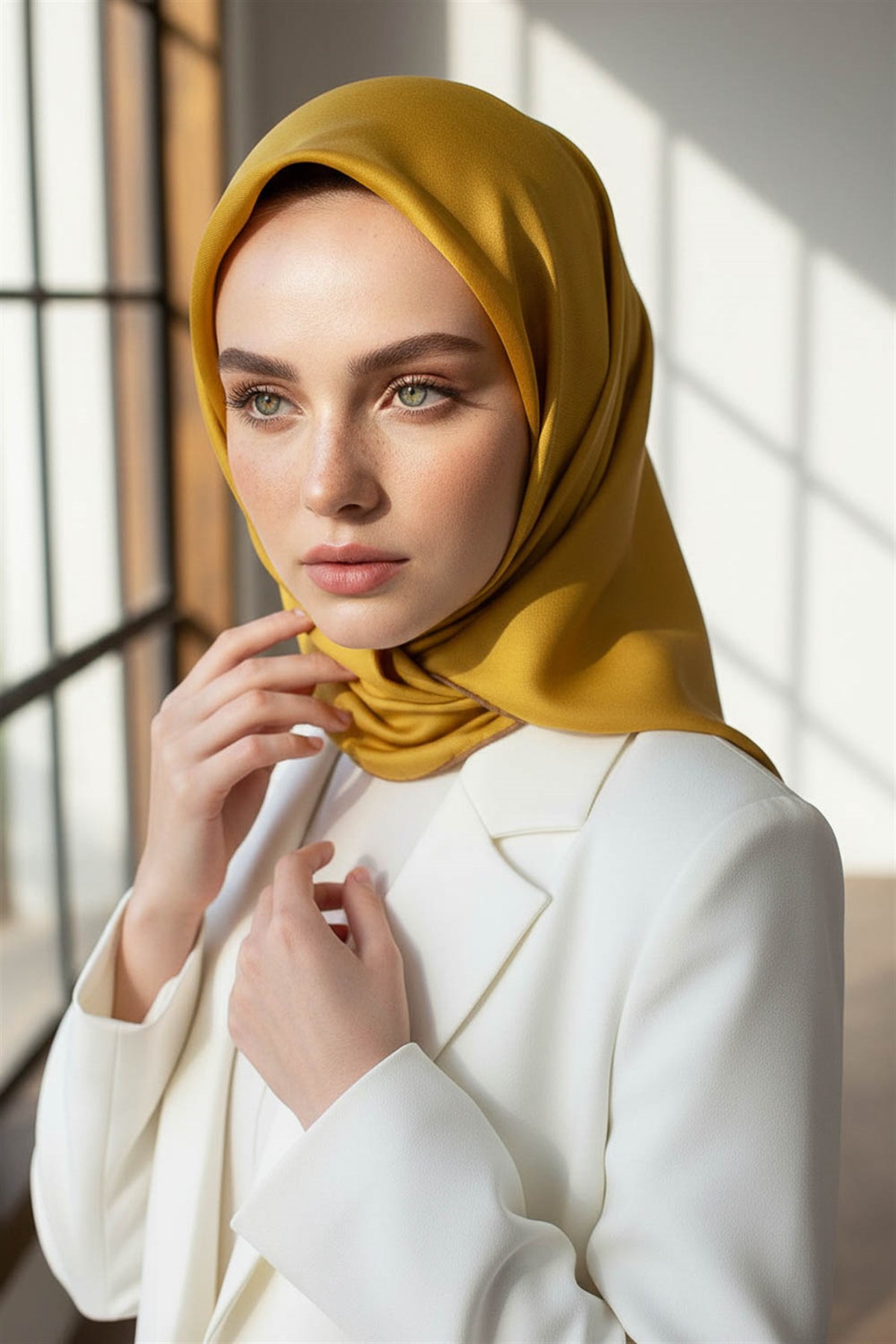 %100 Twill İpek Düz Gold Renkli Daha Tok Exclusive Serisi 90x90 Eşarp Dikim Şekli : El Dikişi