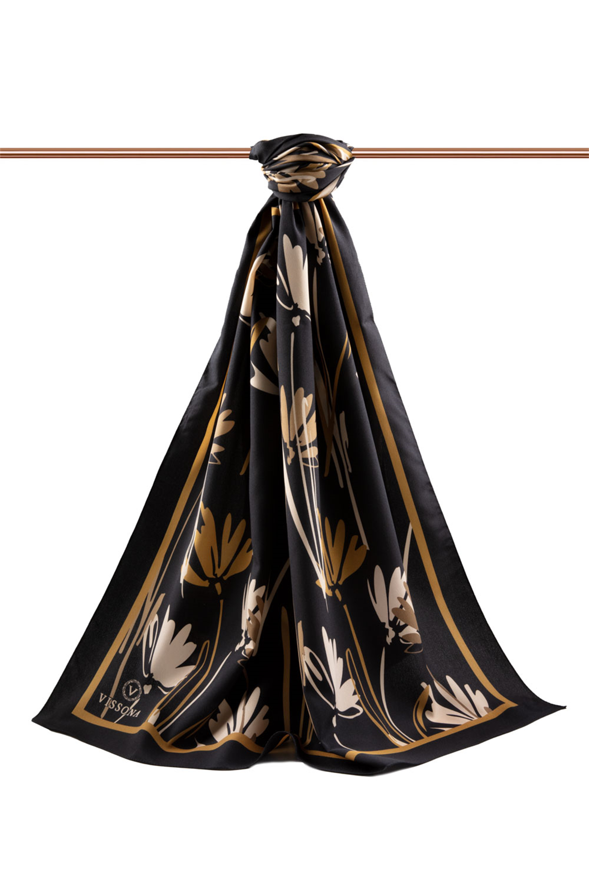 LÜKS MEDİNE İPEĞİ ÇİÇEK DESENLİ GOLD RENKLİ 75X195 KIRIŞMAZ ŞAL MOSS KREP DİKİŞ TİPİ İTALYAN DİKİŞLİ