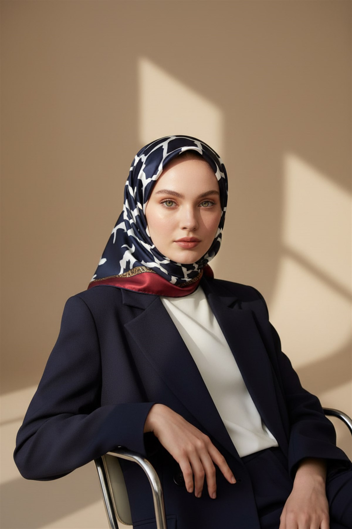 %100 Twill Taş Desenli Lacivert - Bordo Renkli 90x90 Eşarp Dikim Şekli: El Dikişi