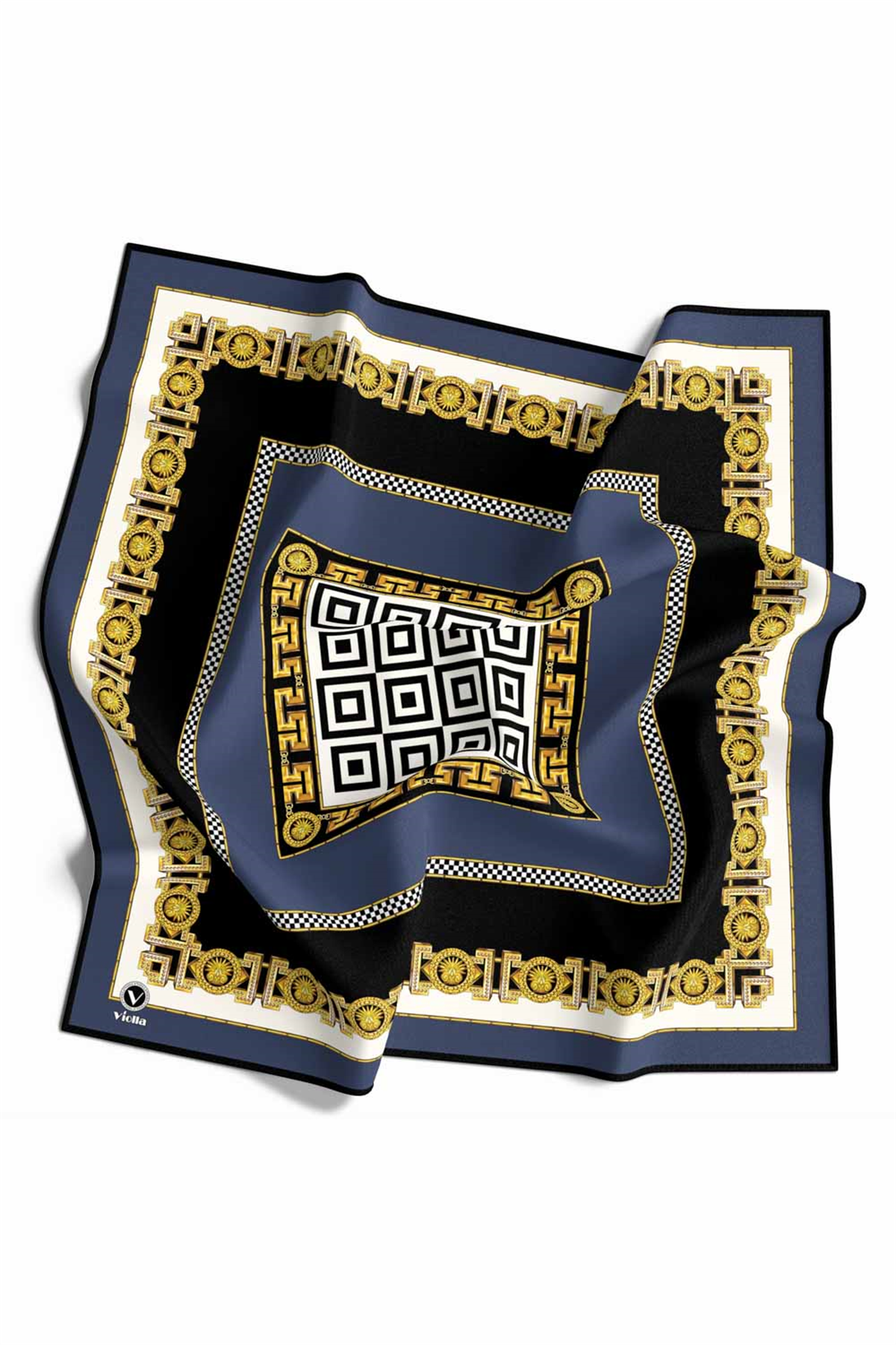 Twill Çizgili Barok Desenli İndigo Renkli 90x90 Eşarp (İpek İçermez)