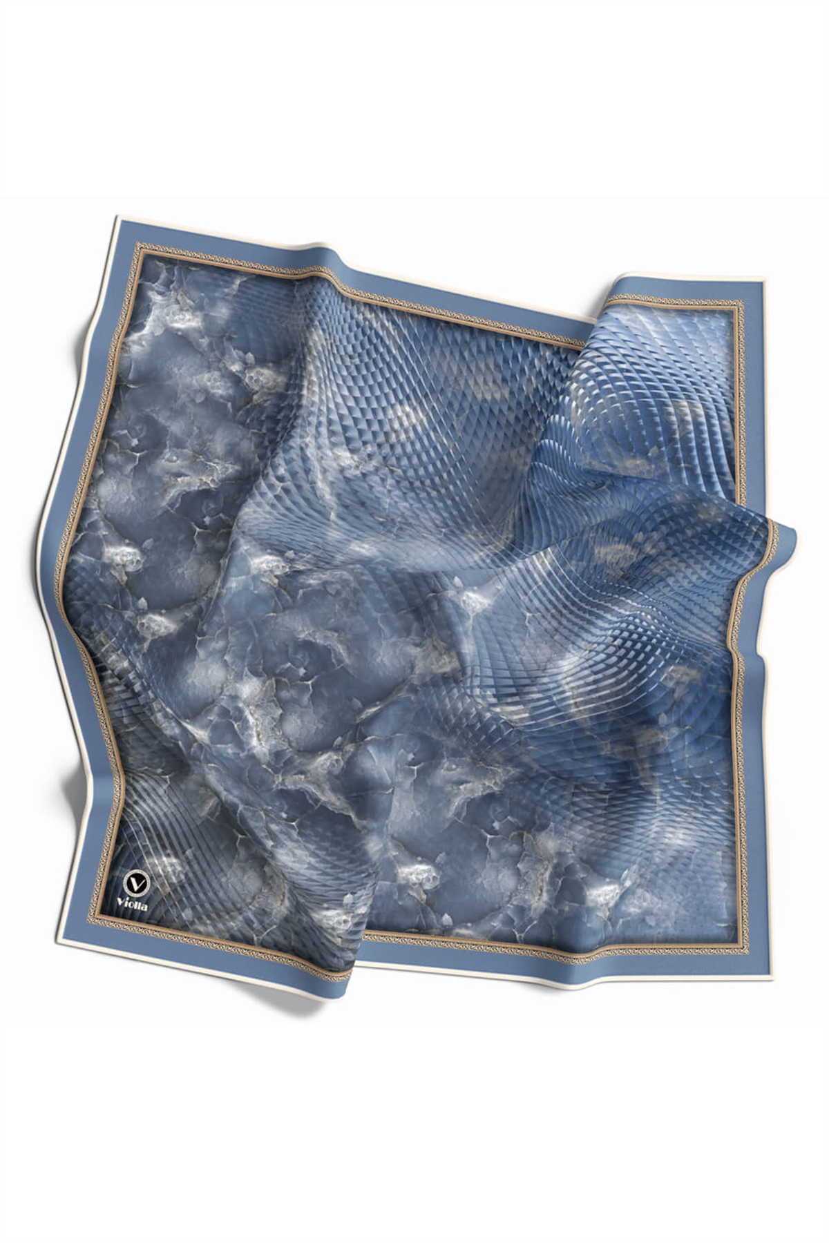 Twill Batik Desenli Bebe Mavisi Renkli 90x90 Eşarp (İpek İçermez) Kenar Dikiş Şekli El Dikişli