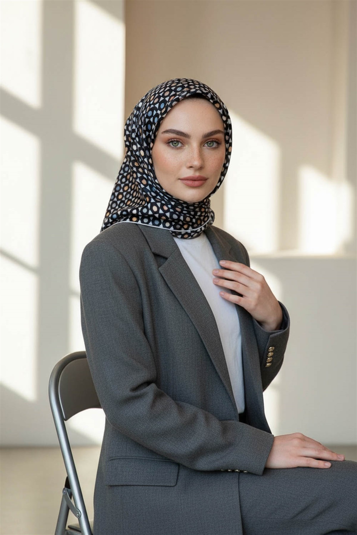 %100 Twill İpek Nokta Desenli Siyah - Gri Renkli 90x90 Eşarp Dikim Şekli : El Dikişi