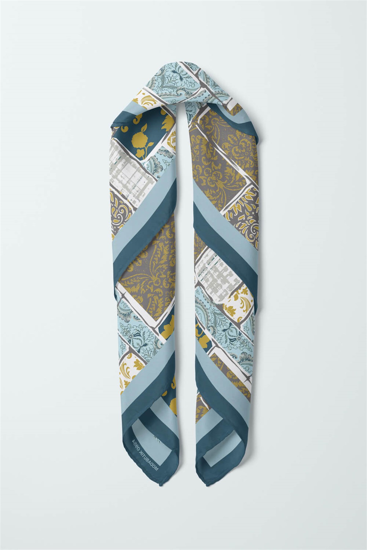 Violla D55 Kadın Hardal Açık Mavi Field Desenli 50x50 Bandana