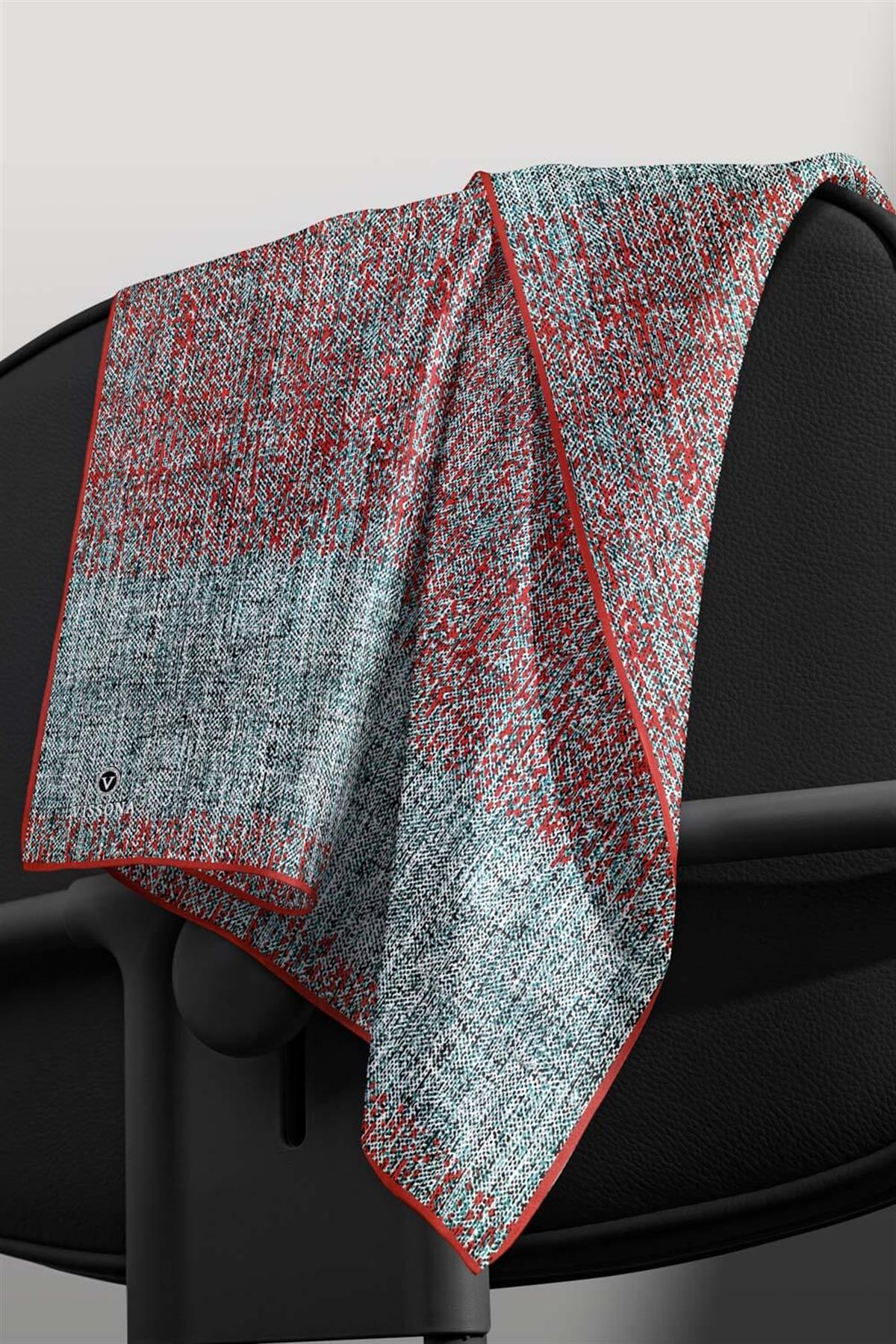 %100 Twill İpek Dokulu Desen Petrol Mavisi - Kırmızı Renkli 90x90 Eşarp Kenar Dikiş Şekli El Dikişli