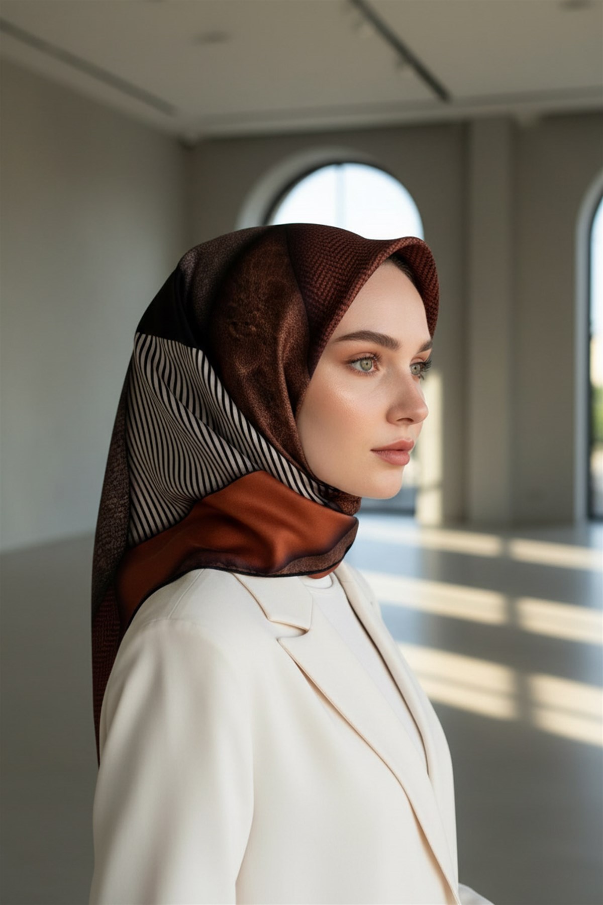 %100 Twill İpek Dokulu ve Geometrik Desenli Taba - Siyah Renkli 90x90 Eşarp Dikim Şekli : El Dikişi