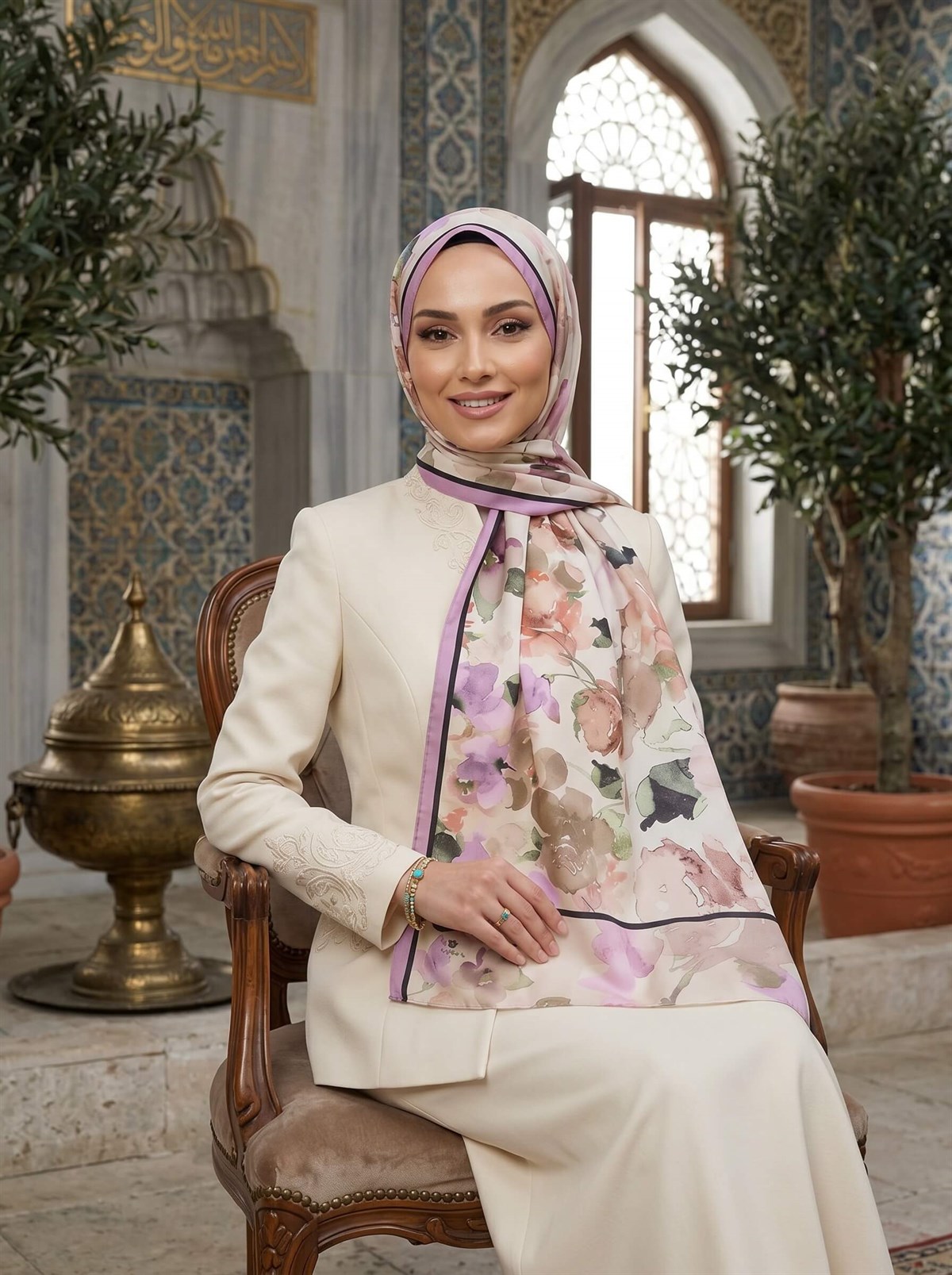 %100 İpek Suluboya Çiçek Desenli Pudra - Pembe Renkli 92x210 Şal