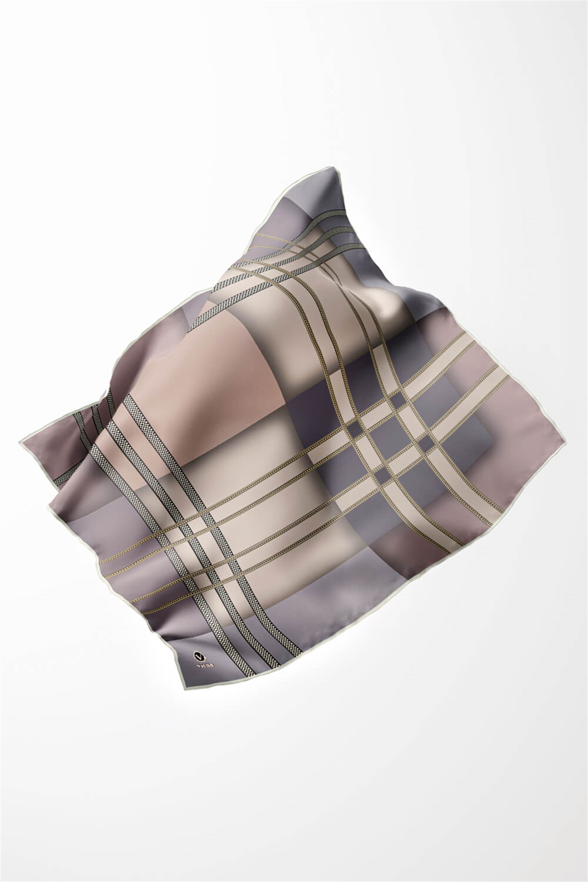 Twill Geometrik Desenli Bej Renkli 90x90 Eşarp (İpek İçermez) Kenar Dikiş Şekli El Dikişli