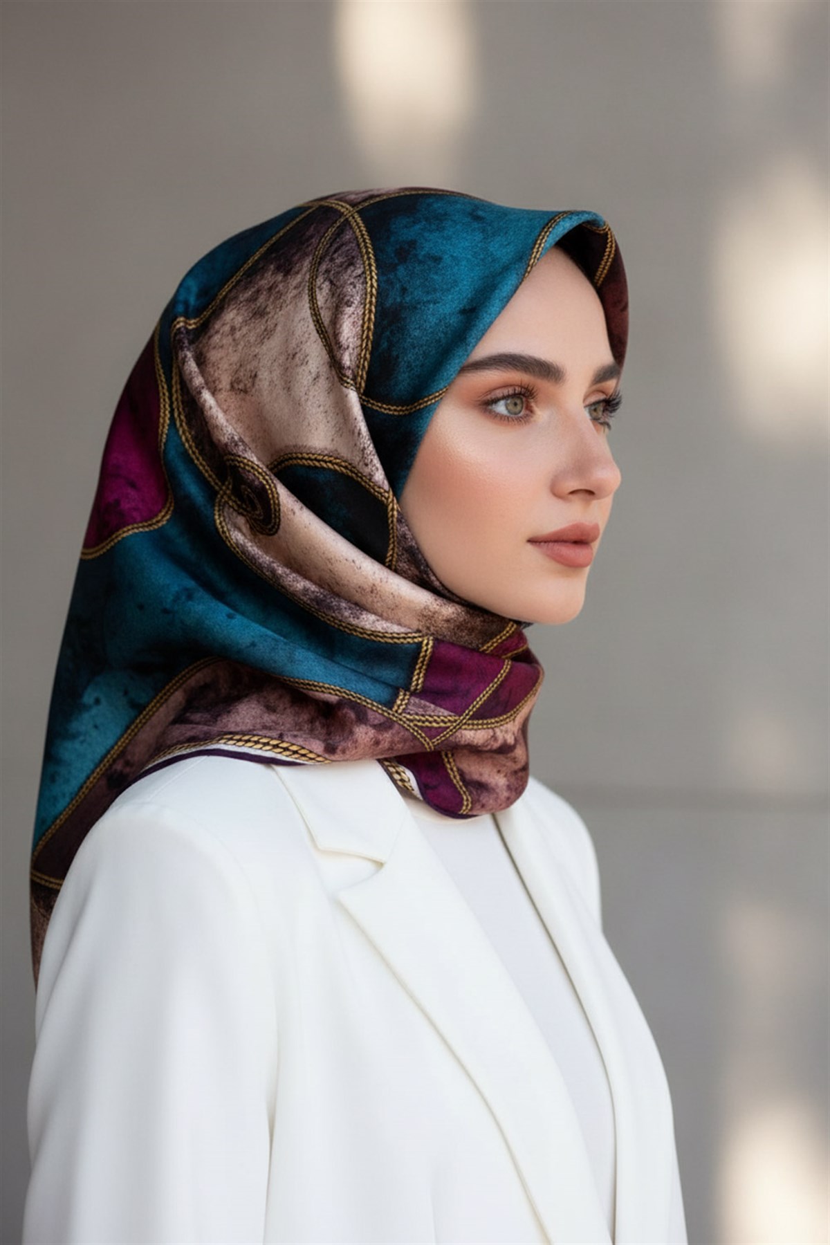 %100 Twill İpek Zincirli Mermer Desenli Mürdüm - Petrol Mavisi Renkli 90x90 Eşarp Dikim Şekli : El Dikişi