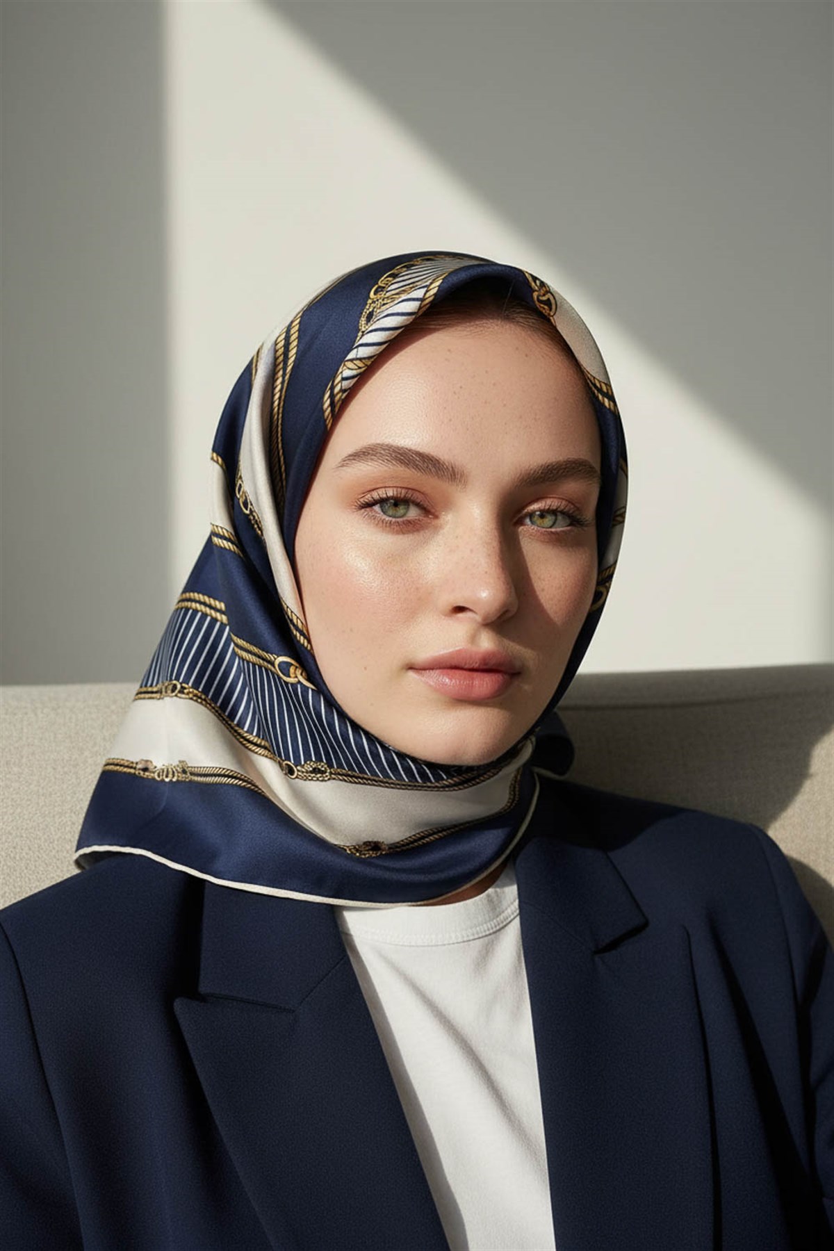 %100 Twill İpek Zincir Detaylı Geometrik Desenli Lacivert - Lacivert Renkli 90x90 Eşarp Dikim Şekli : El Dikişi