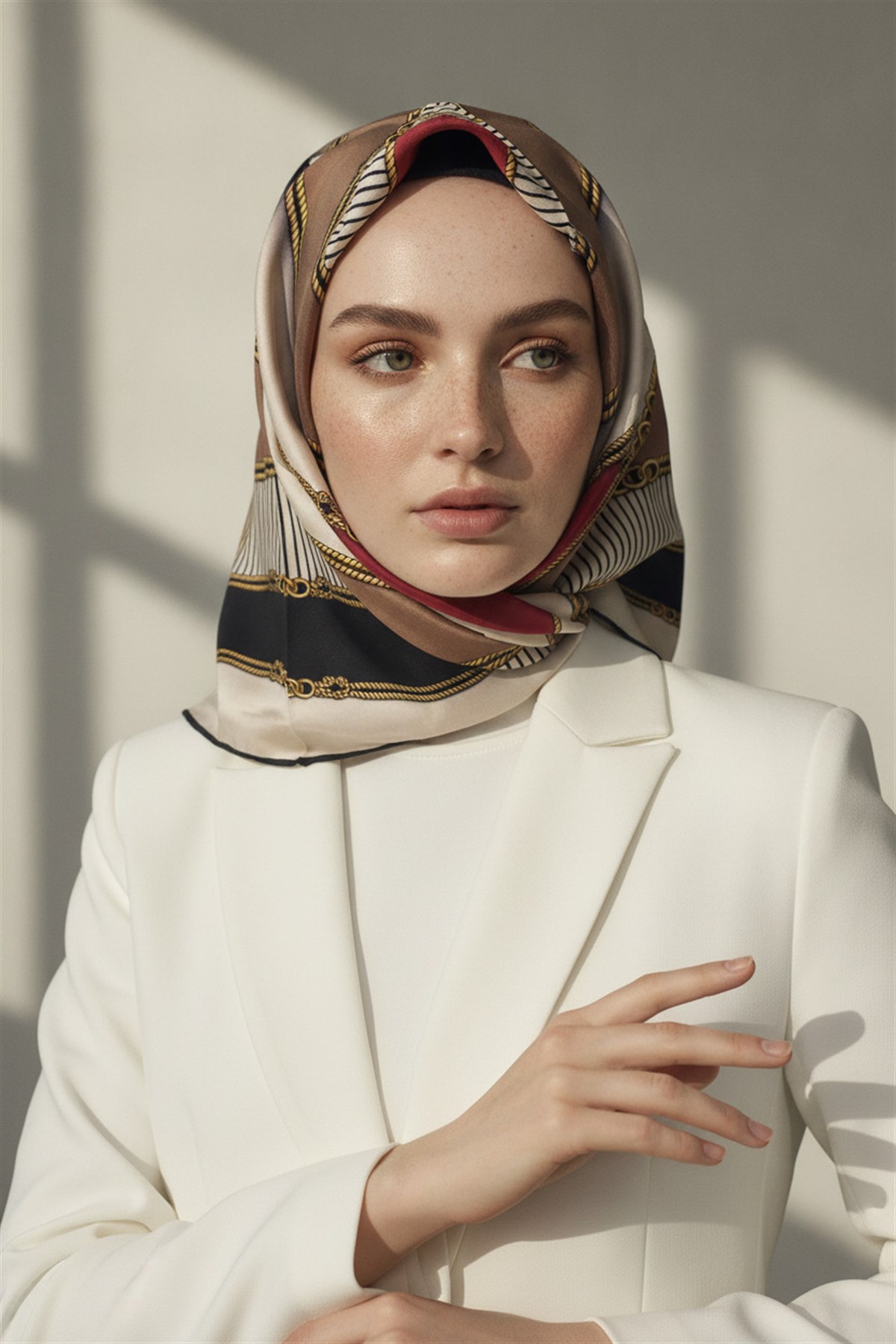 %100 Twill İpek Zincir Detaylı Geometrik Desenli Bordo - Bej Renkli 90x90 Eşarp Dikim Şekli : El Dikişi