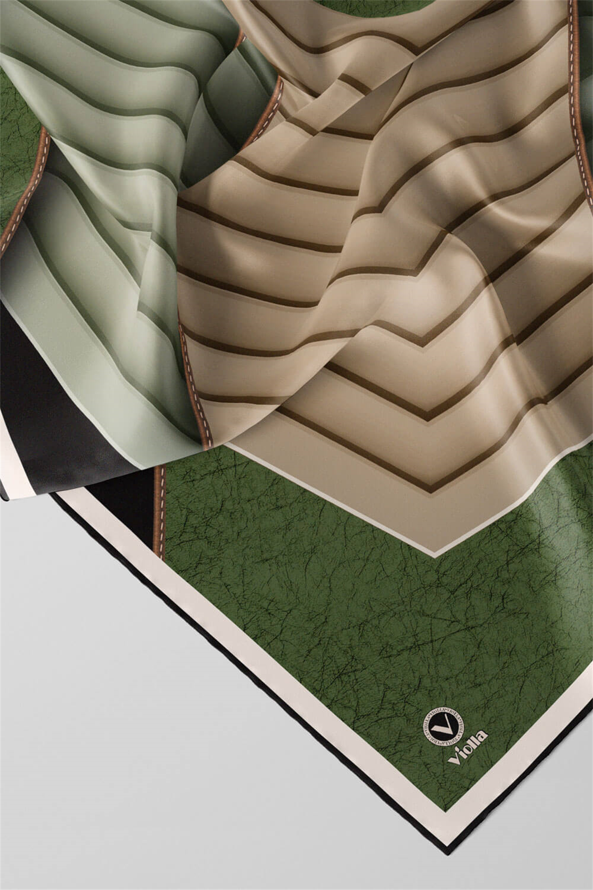 Twill Zigzag Desenli Zümrüt Yeşili Renkli 90x90 Eşarp (İpek İçermez) Kenar Dikiş Şekli El Dikişli