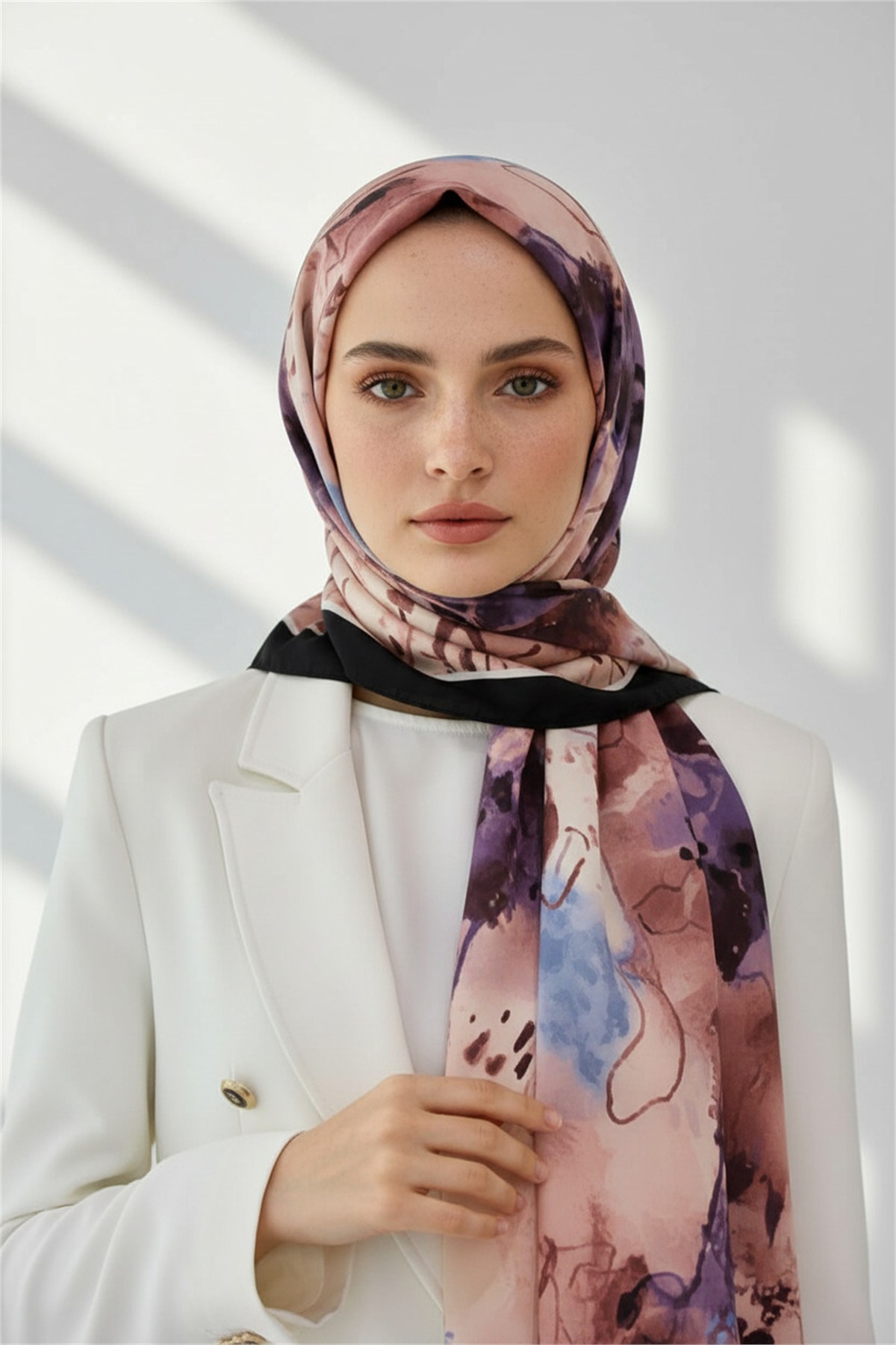 KREP SULU BOYA YAPRAK DESENLİ PUDRA RENKLİ 75X195 KIRIŞMAZ ŞAL
