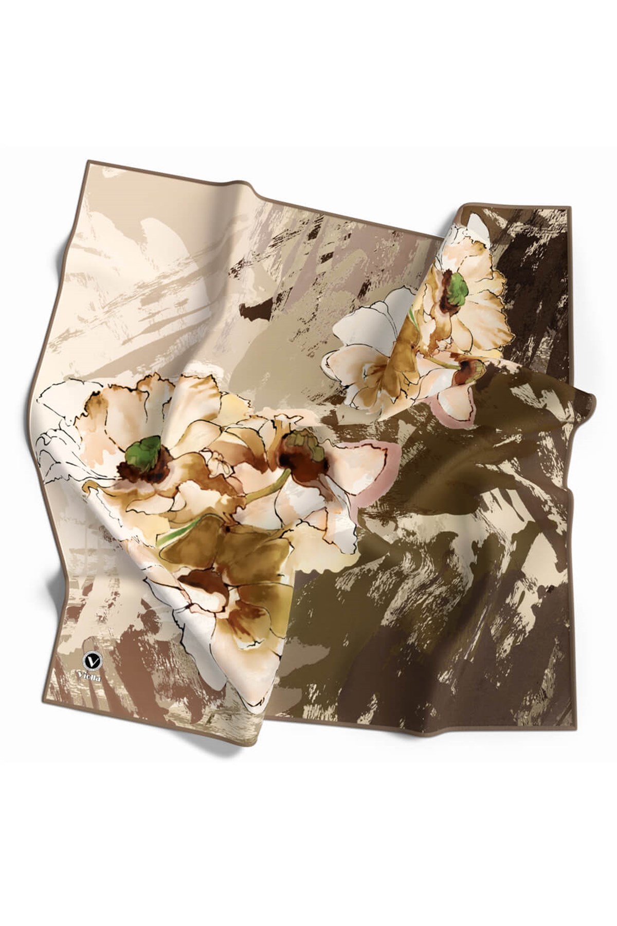 Twill Çiçek Desenli Bej Renkli 90x90 Eşarp (İpek İçermez) Dikim Şekli : El Dikişi