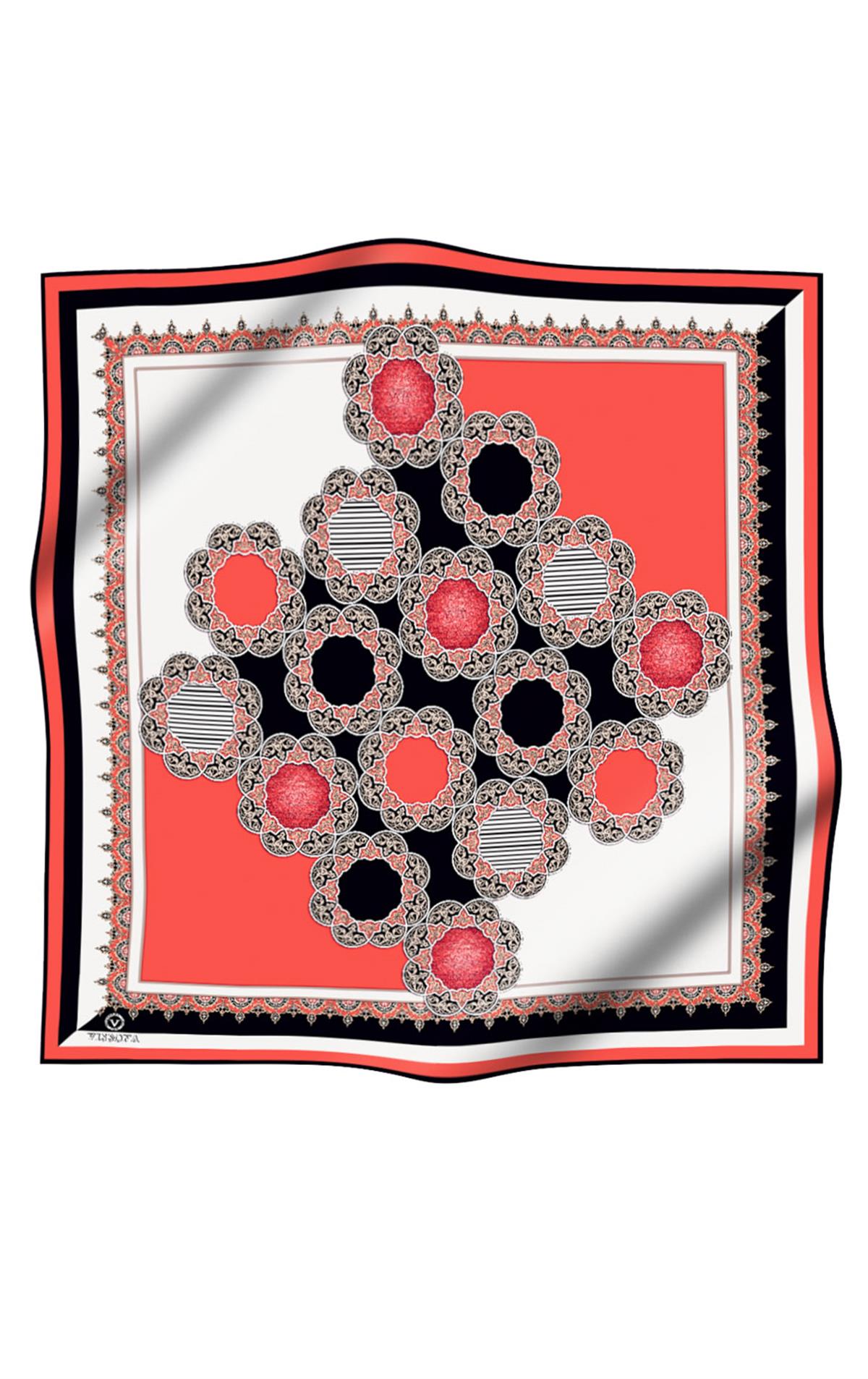 %100 Twill Türk Motifi  Desenli Siyah - Nar Çiçeği Renkli 90x90 Eşarp Dikim Şekli: El Dikişi