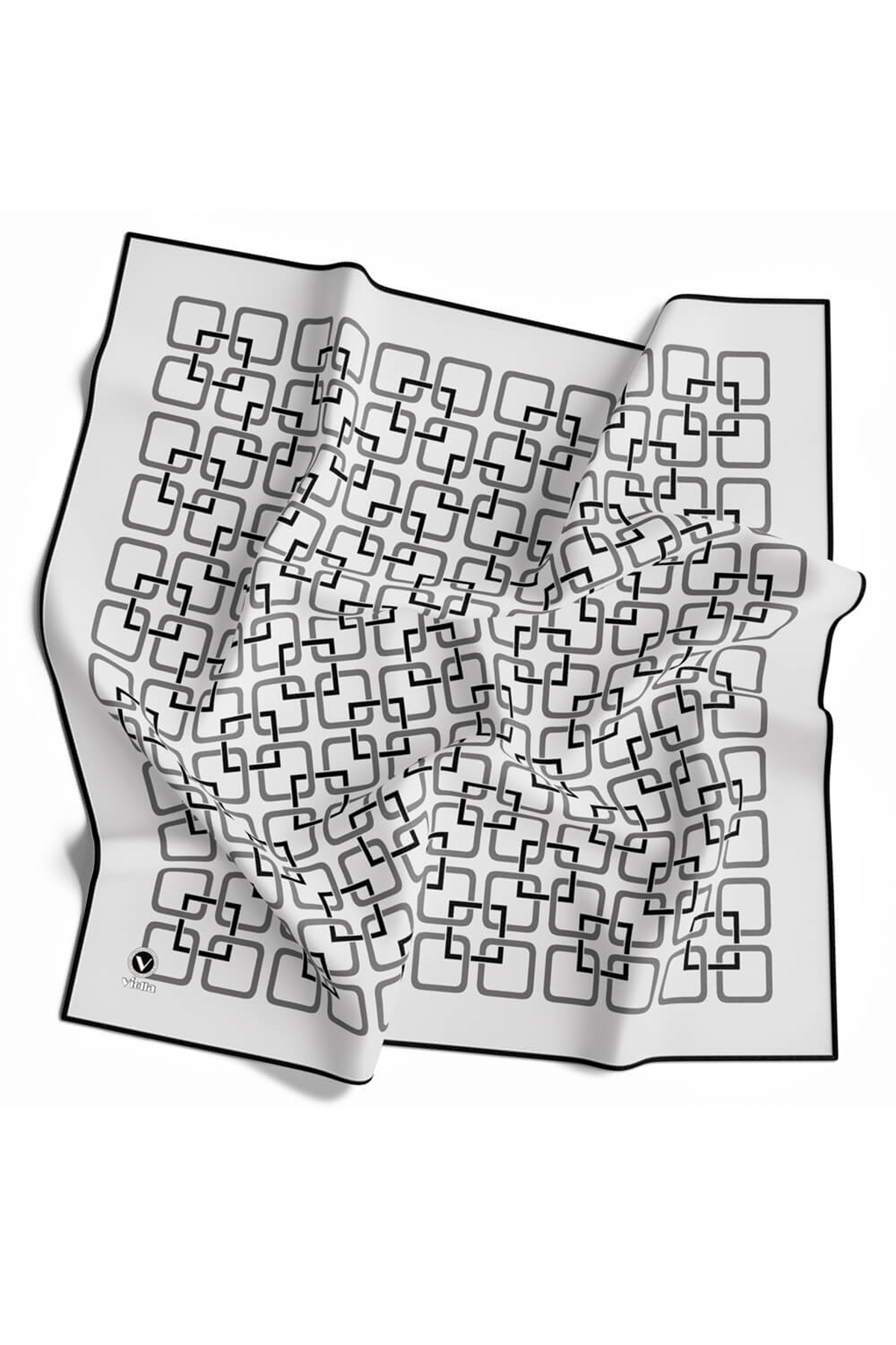 Twill Geometrik Desenli Gümüş Renkli 90x90 Eşarp (İpek İçermez) Kenar Dikiş Şekli El Dikişli