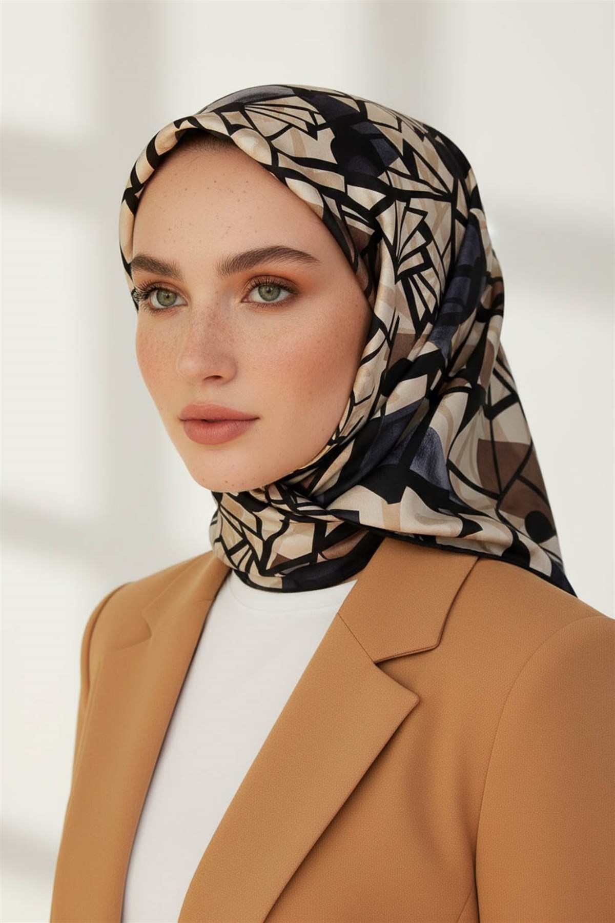 %100 Twill Renkli Petek Desenli Bej - Gri Renkli 90x90 Eşarp Dikim Şekli: El Dikişii