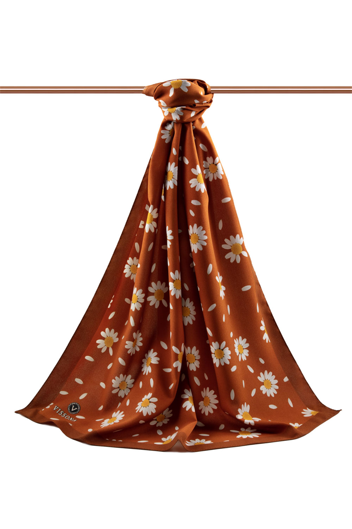 LÜKS MEDİNE İPEĞİ PAPATYA DESENLİ TABA RENKLİ 75X195 KIRIŞMAZ ŞAL MOSS KREP DİKİŞ TİPİ İTALYAN DİKİŞLİ