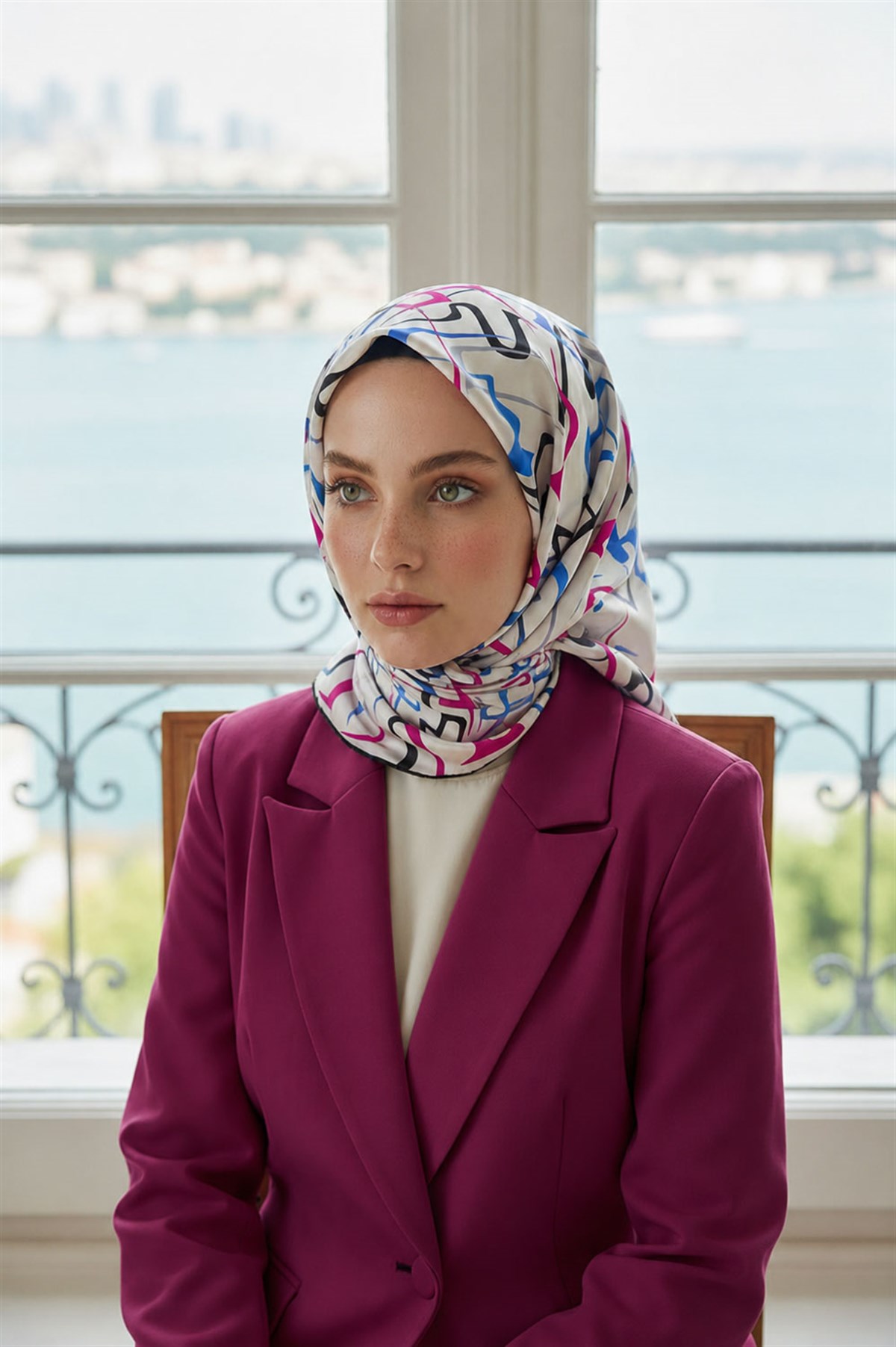 % 57 İPEK % 43 VİSKON Twill İpek Soyut Geometrik Desenli Fuşya - Saks Renkli 90x90 Eşarp Dikim Şekli : El Dikişi