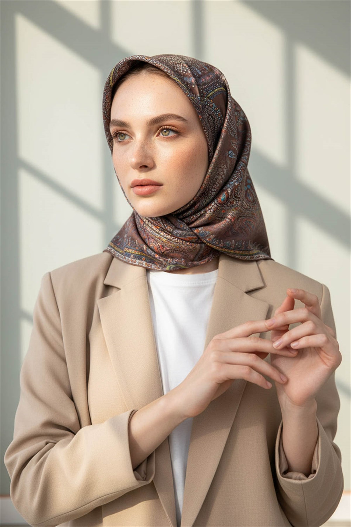 %100 Twill İpek Şal Desenli Kahverengi Renkli 90x90 Eşarp Dikim Şekli : El Dikişi