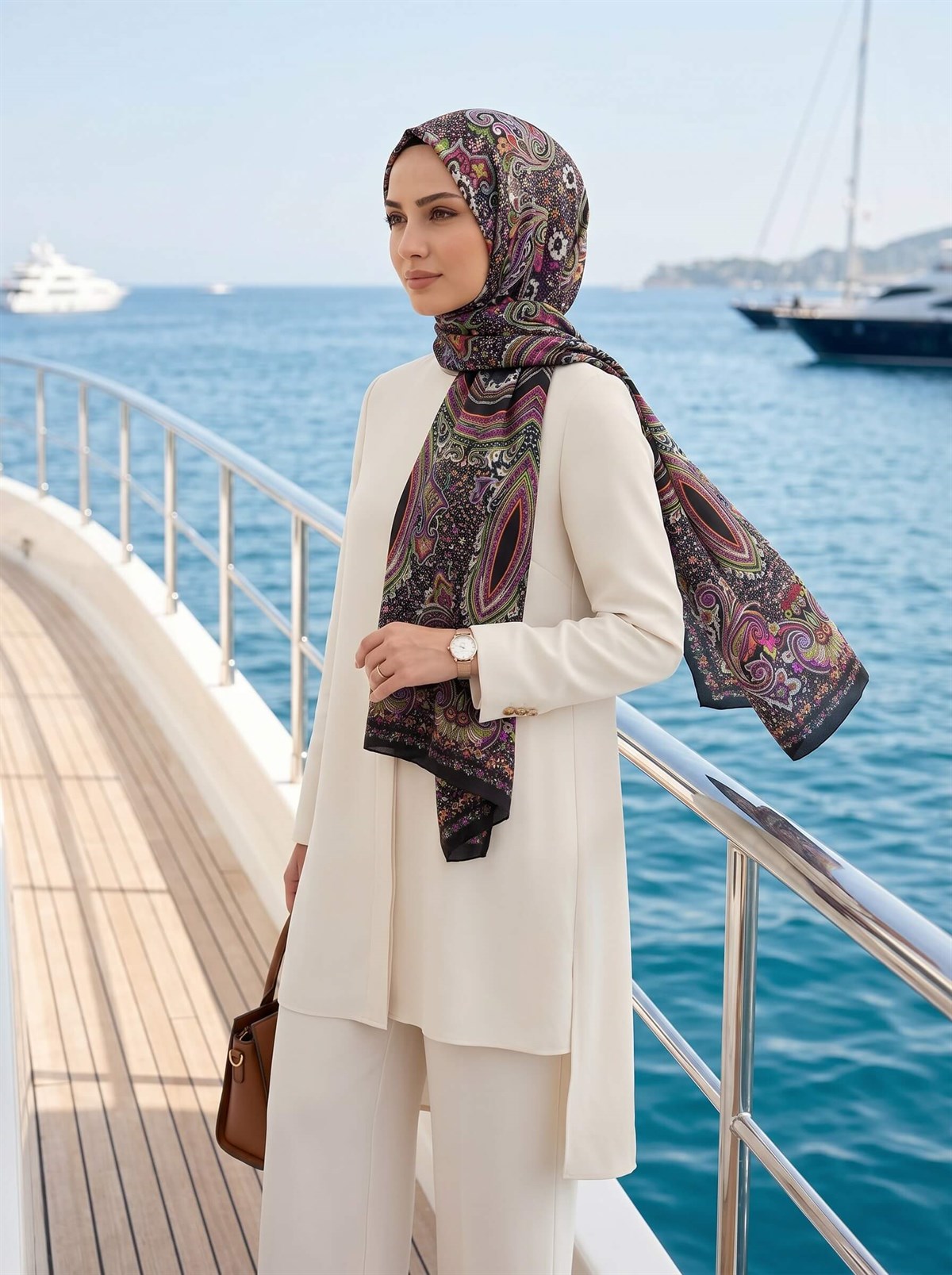 %100 Saf İpek Şal İnce Saten Vual Dokuma Etro Desenli Siyah - Turuncu Renkli 90x210 Şal