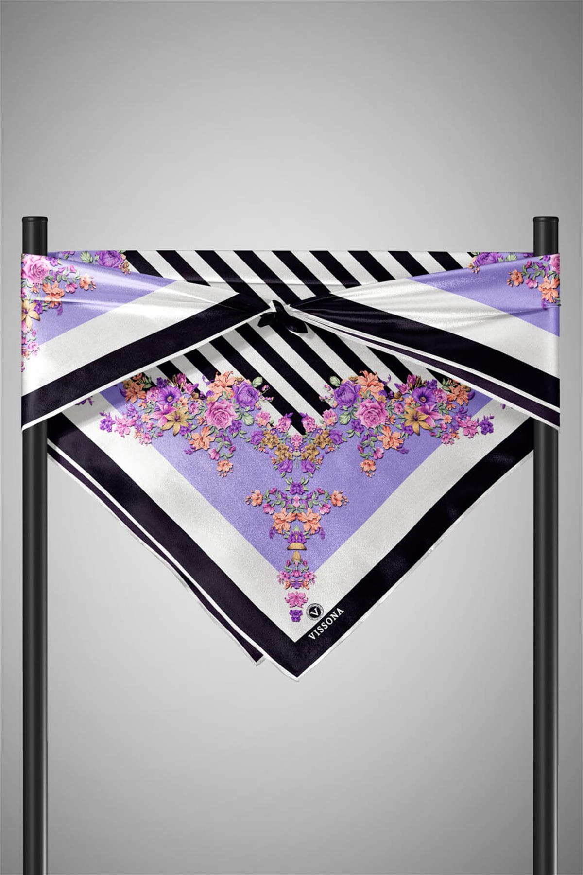 %100 Twill İpek Çıtır Çiçekli Ve Çizgi Desenli Siyah - Lila Renkli 90x90 Eşarp Dikim Şekli : El Dikişi